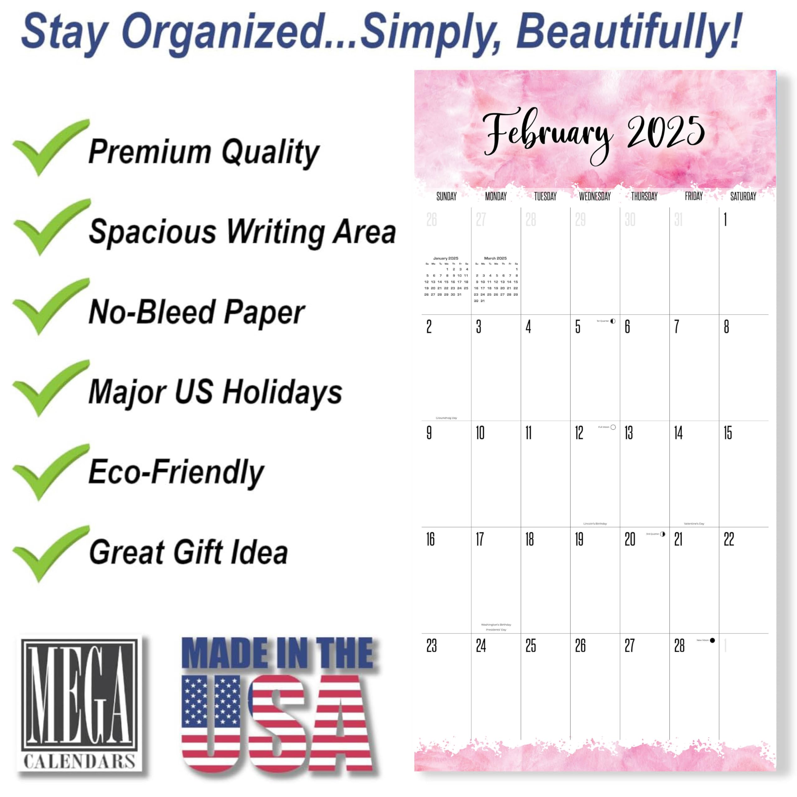 2024-2025 Large Grid Wall Calendar - 12x24 Inch Big Grid Planner with Thick No-Bleed Paper - Perfect for Teachers, Office & Home Organization - Made in USA - Great for Classroom, Office Decor & Family Scheduling