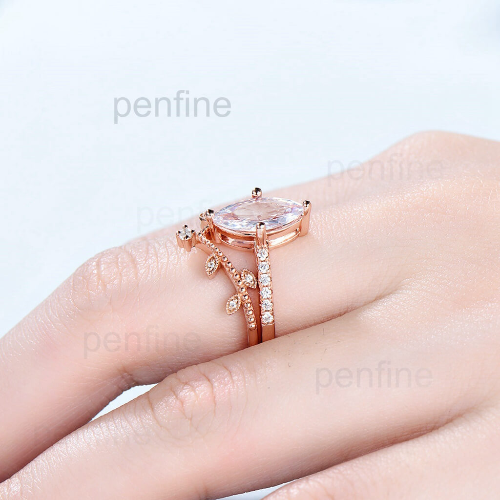 14K/18K Gold Marquise Cut Moissanite Engagement Ring Set for Women - Art Deco Milgrain Wedding Band with Shared Prong Setting | Perfect Proposal Gift & Anniversary Jewelry