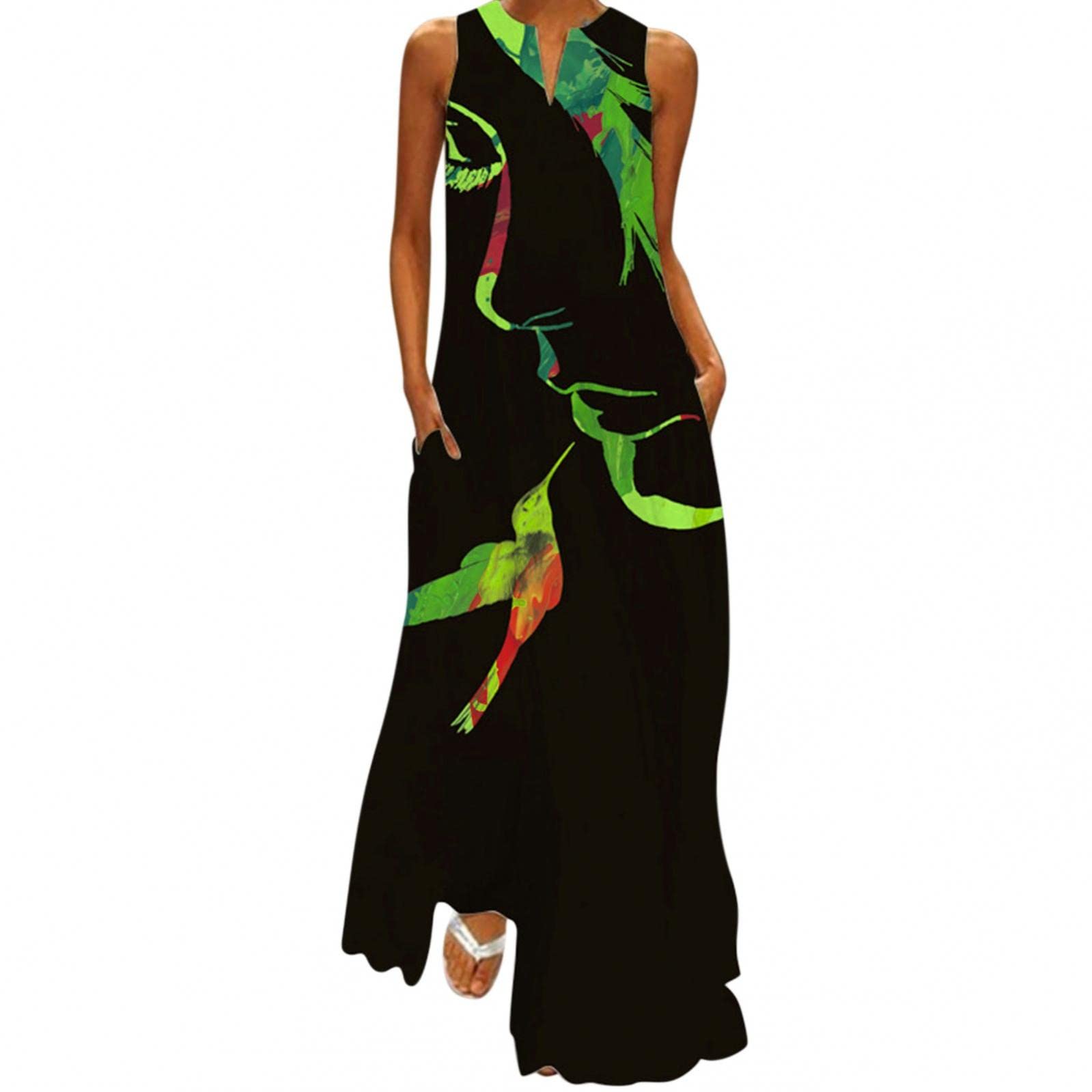 Zieglen Women's Plus Size Casual Summer Dress - Trendy Long Maxi Sundress with Graphic Bird Print, V-Neck & Pockets | Perfect for Beach Outings, Vacations & Summer Parties