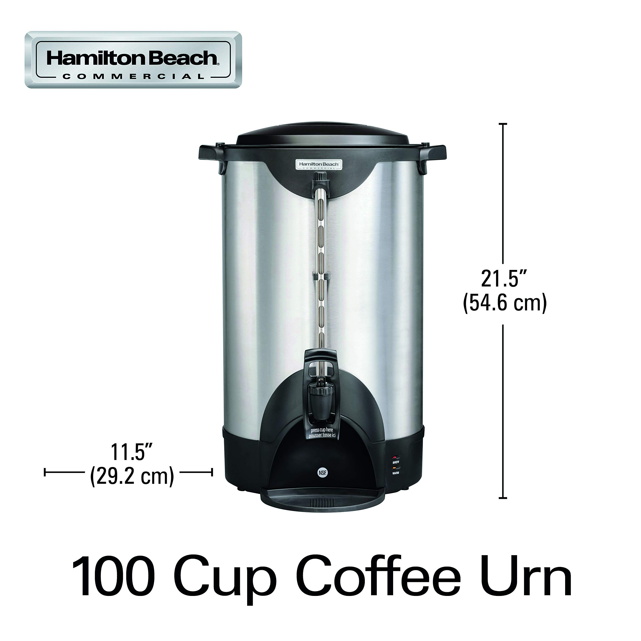 Hamilton Beach HCU100S Commercial 100-Cup Stainless Steel Coffee Urn - Double Wall Insulation, 120V Electric Coffee Maker - Perfect for Large Gatherings, Offices & Catering Events