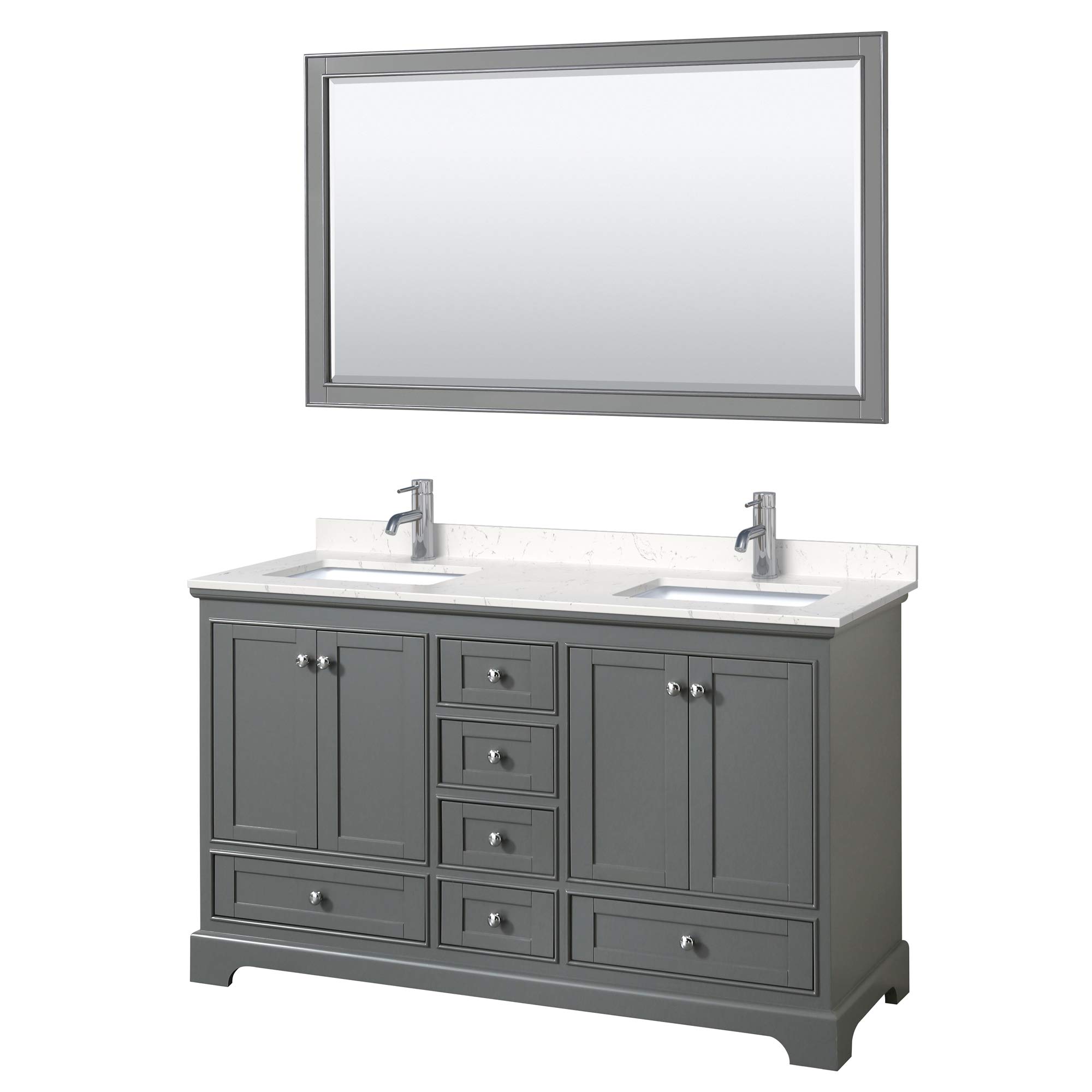 Deborah 60 Inch Double Bathroom Vanity with Dark Gray Finish & Light-Vein Carrara Cultured Marble Countertop - Undermount Square Sinks & 58 Inch Mirror - Perfect for Master Bathroom Remodeling & Modern Home Decor