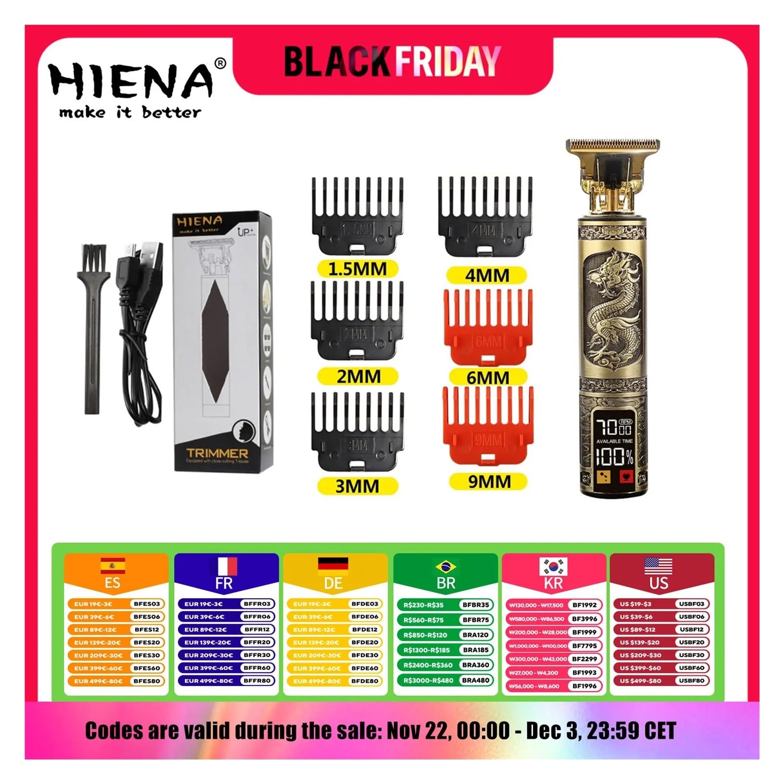 Professional USB Rechargeable Electric Hair Clipper Trimmer - LCD Display, Gold Light, Oil Head & Carving Mark Razor for Men's Grooming, Beard & Hair Styling at Home or Salon