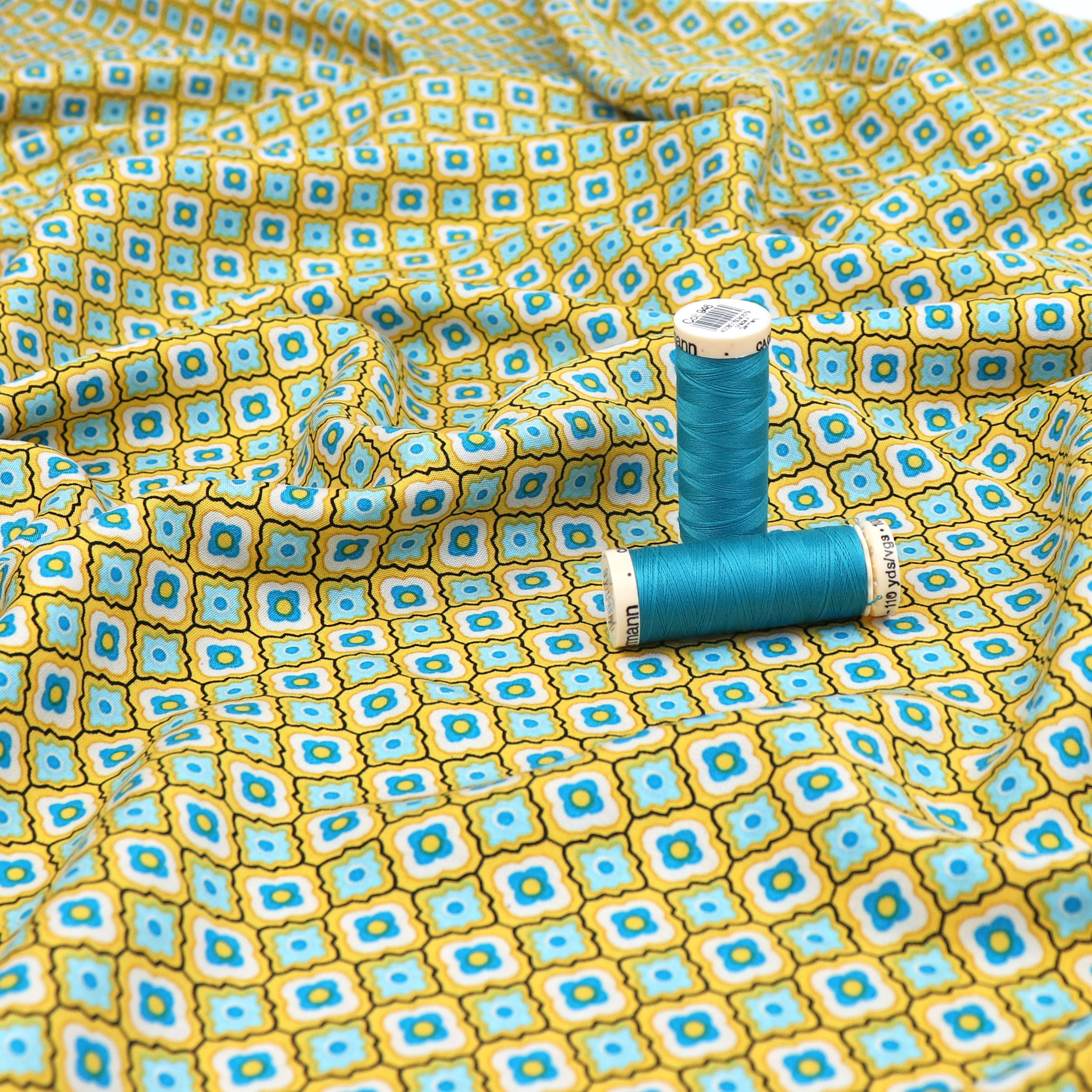 Viscose Lawn Fabric with Yellow Flower Tiles Print - Soft & Breathable Material for Dresses, Skirts & Summer Clothing | Perfect for DIY Sewing Projects & Fashion Design