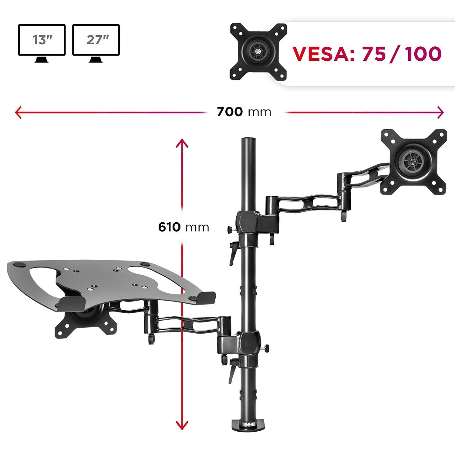 Duronic DM35L1X1 Dual Monitor Arm Stand - Adjustable Laptop & PC Screen Mount for 13-27