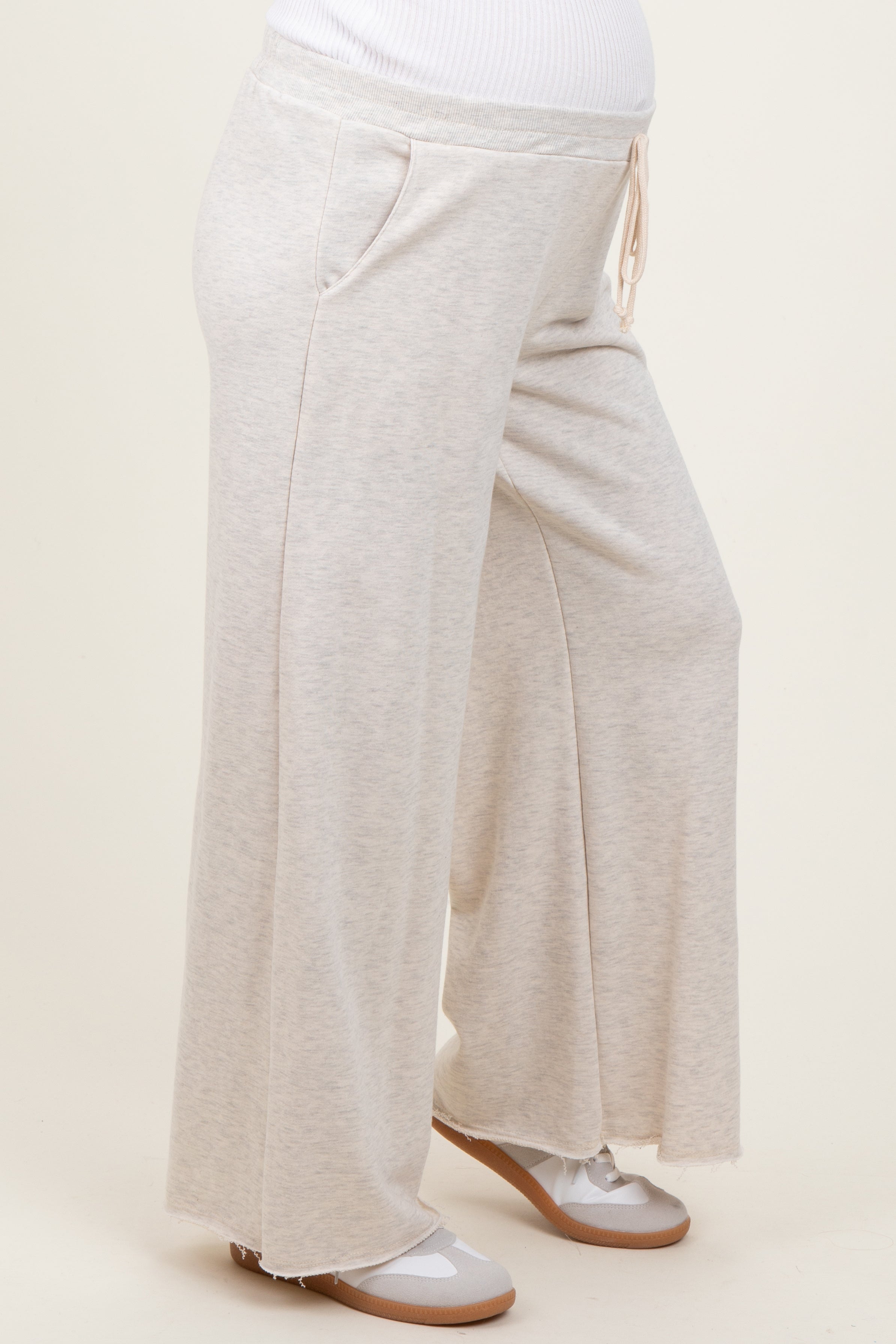 Beige French Terry Maternity Pants for Women - Comfortable Wide Leg Raw Edge Pregnancy Lounge Pants for Relaxing at Home & Maternity Photos