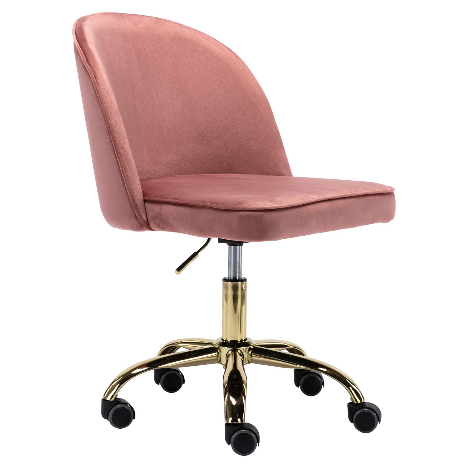 Pink Velvet Gold Rolling Swivel Desk Chair - Armless Upholstered Vanity Chair with Wheels for Home Office, Study, Studio & Dressing Room (Dusty Rose Pink) - Perfect for Small Spaces, Makeup Vanity & Workstation