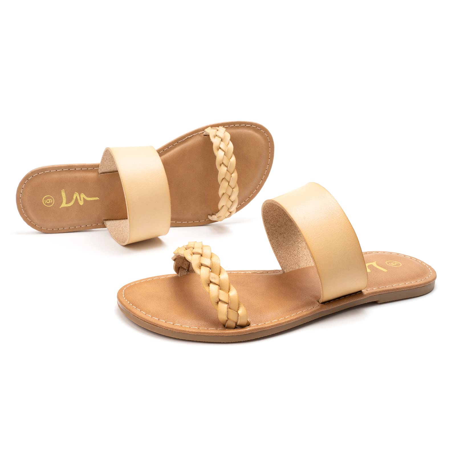 LM Women's Braided Slide Sandals - Open Toe Two-Strap Slip On Flat Sandals for Summer | Comfortable Casual Beach & Pool Slides for Women | Perfect for Vacation, Lounging, and Everyday Wear