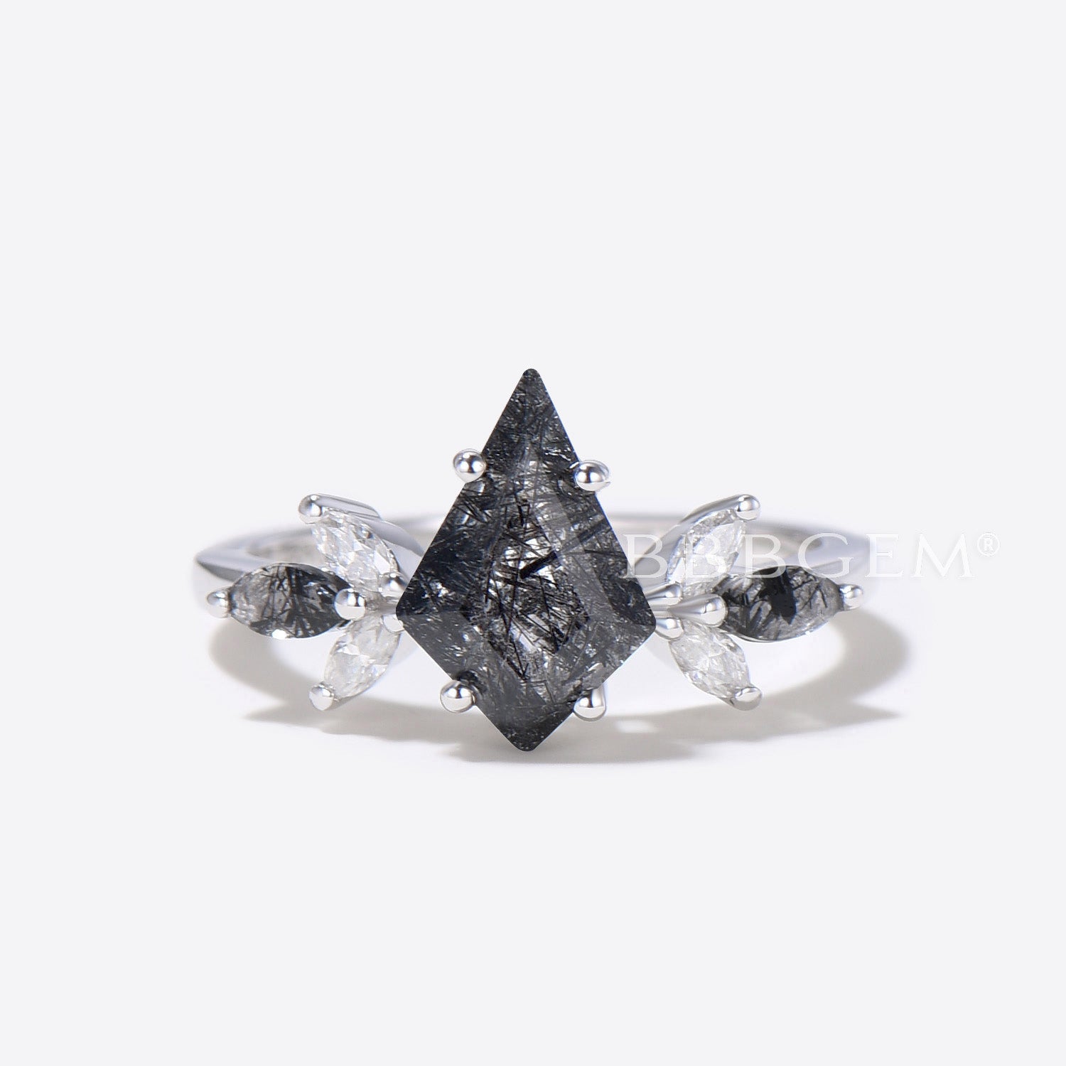 Black Rutilated Quartz Kite Cut Seven Stone Wedding Ring for Women - Elegant Engagement & Anniversary Jewelry Gift