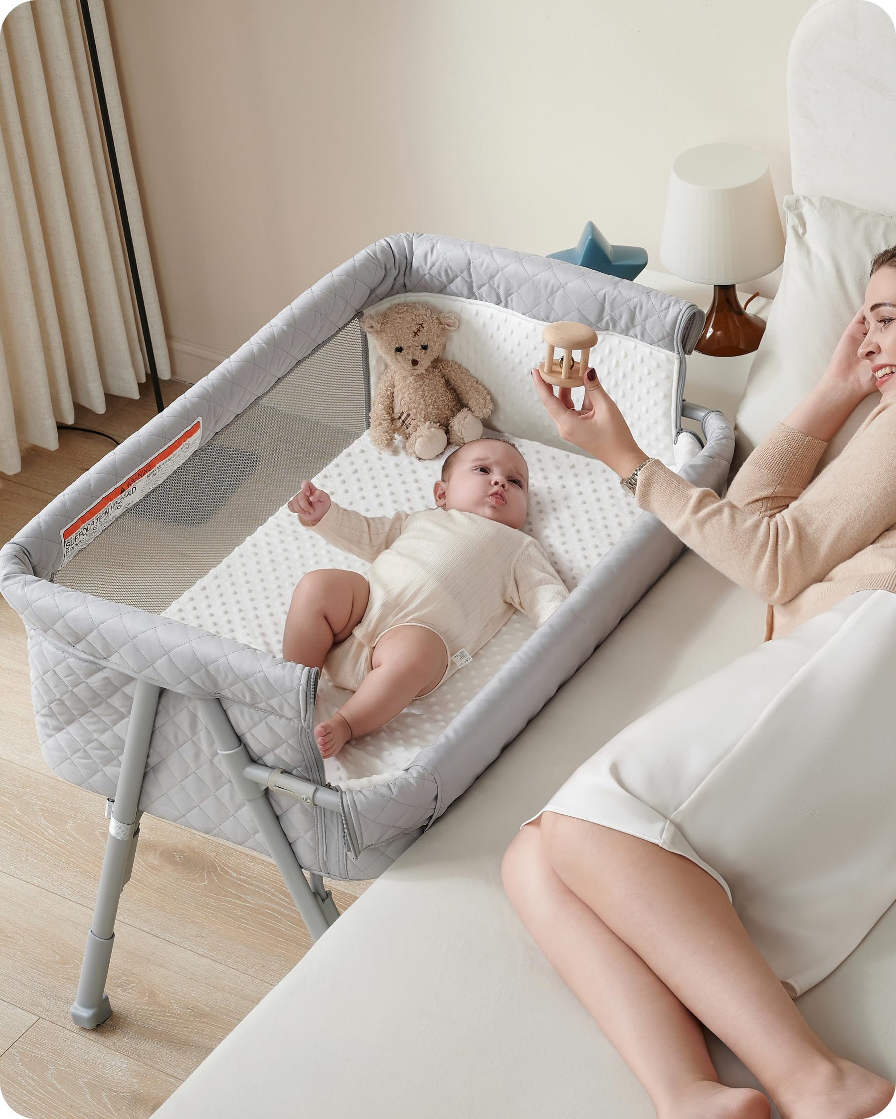 Portable Baby Bassinet Bedside Sleeper - Adjustable Height Crib for Newborns with Breathable Mesh & Mattress, 4 Auto-Lock Safety System - Perfect for Nursery, Bedroom & Travel Use