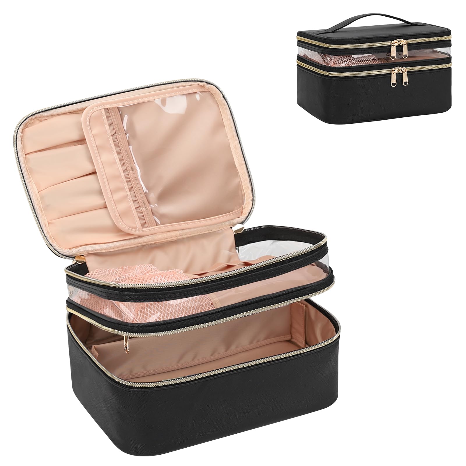 OCHEAL Double Layer Large Capacity Makeup Bag for Women - Travel Cosmetic Organizer with Handle & Divider - Perfect for Travel, Gym & Daily Use - Black