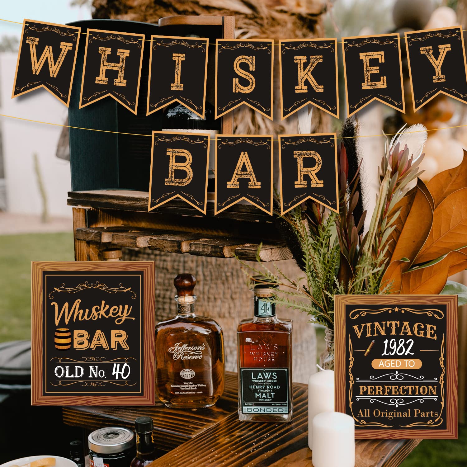 Whiskey Bar Decor Kit - DIY Aged Whiskey Bar Sign & Cake Toppers for Men's 30th 40th 50th Birthday Party Supplies | Perfect for Whiskey Themed Celebrations, Home Bars & Man Cave Decorations