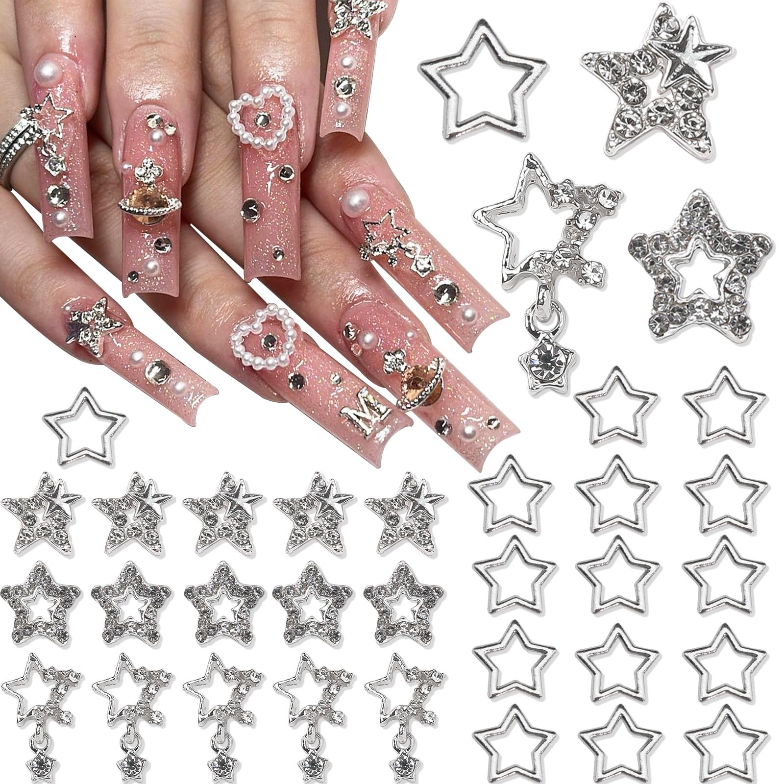 30PCS 3D Alloy Star Nail Charms - Silver Pentagram Nail Rhinestones & Crystal Gems for DIY Nail Art, Jewelry Making & Crafts (4 Styles) - Perfect for Manicures, Party Nails & Gift Decorations