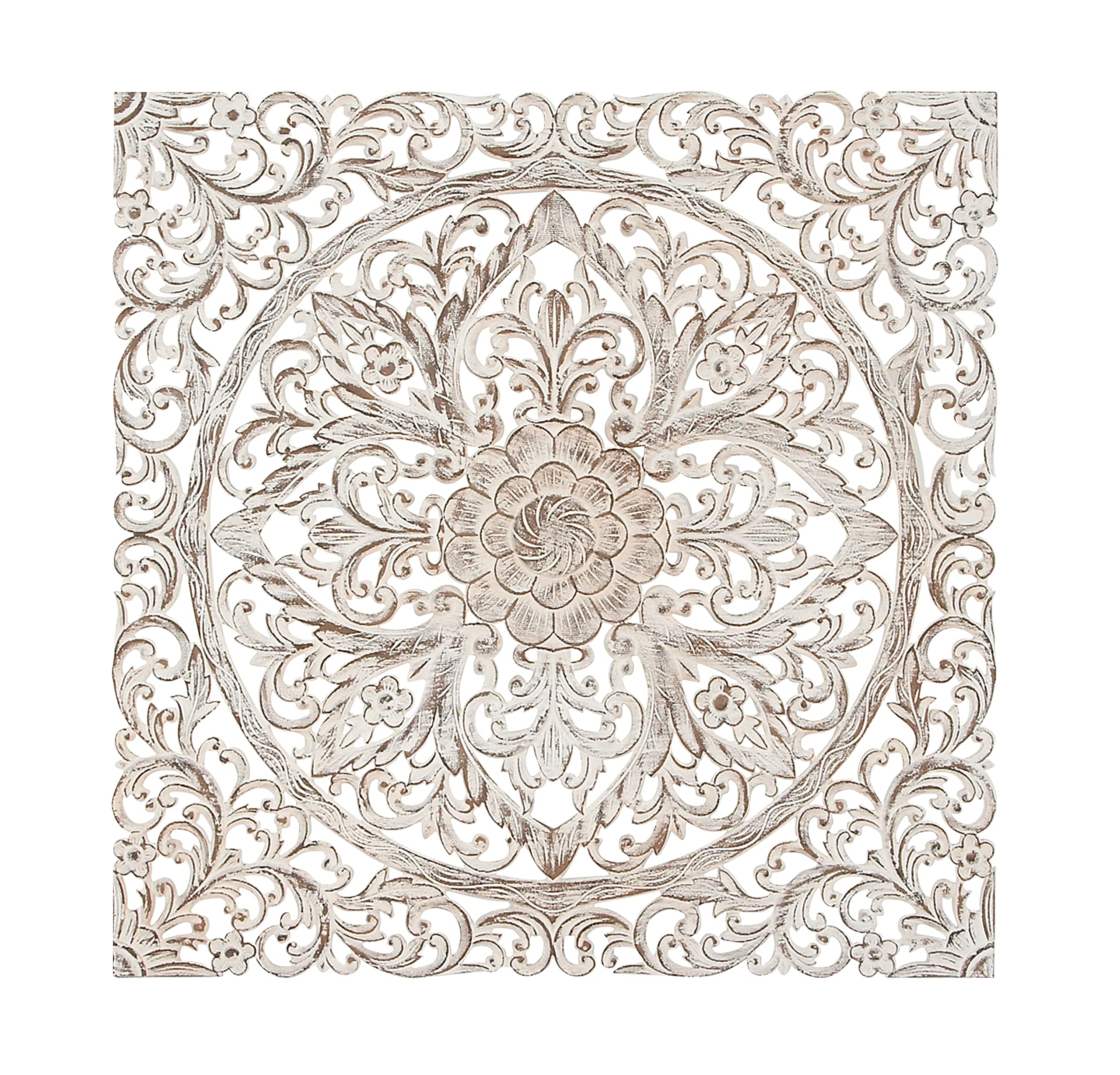 Handmade Wooden Floral Wall Art - Intricately Carved Mandala Wall Sculpture with Brown Distressing, 36