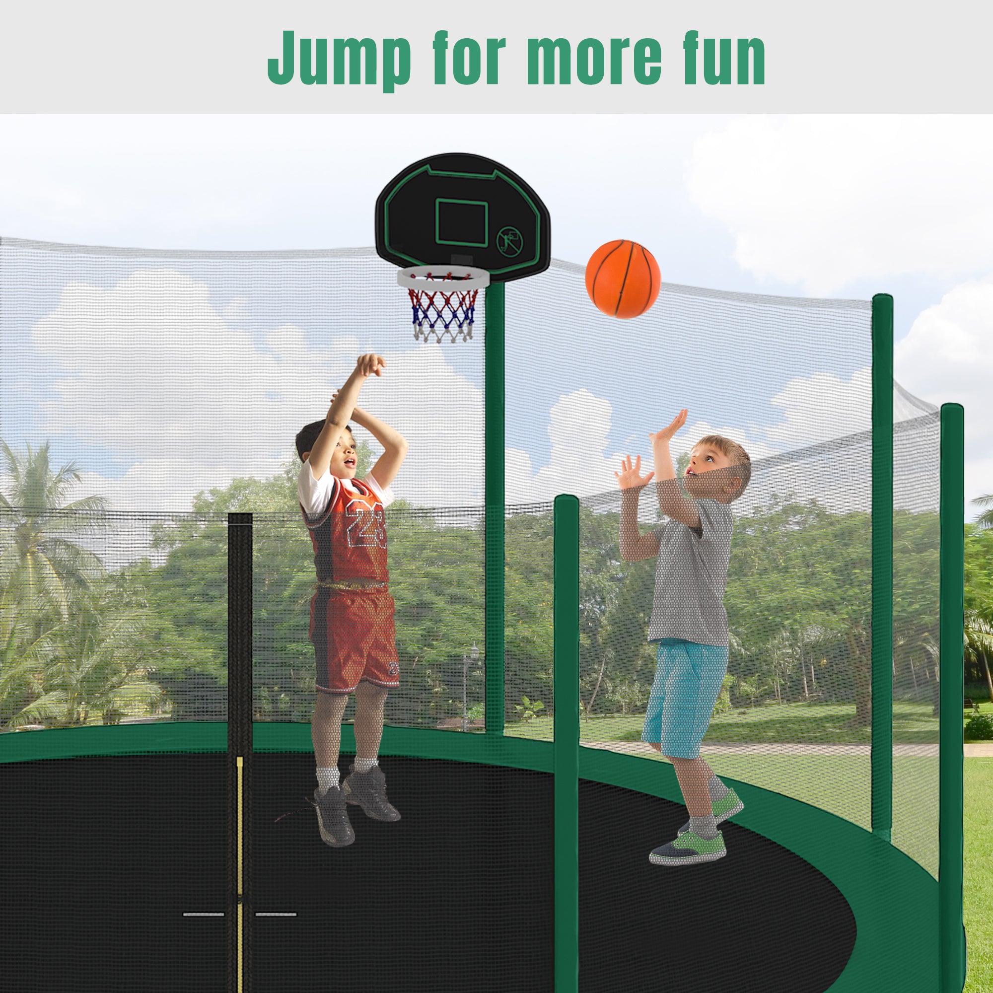 14FT Kids Trampoline with Safety Enclosure Net, Basketball Hoop & Ladder - Easy Assembly Outdoor Round Trampoline for Backyard, Garden & Playground Fun