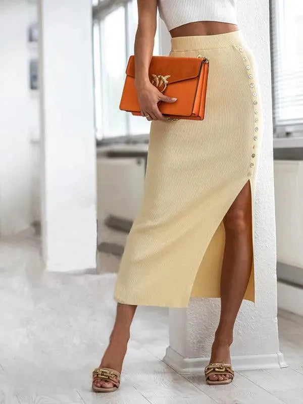Elegant Women's Button-Down Sheath Midi Skirt with Side Slit - Perfect for Office Wear, Date Night & Spring Fashion