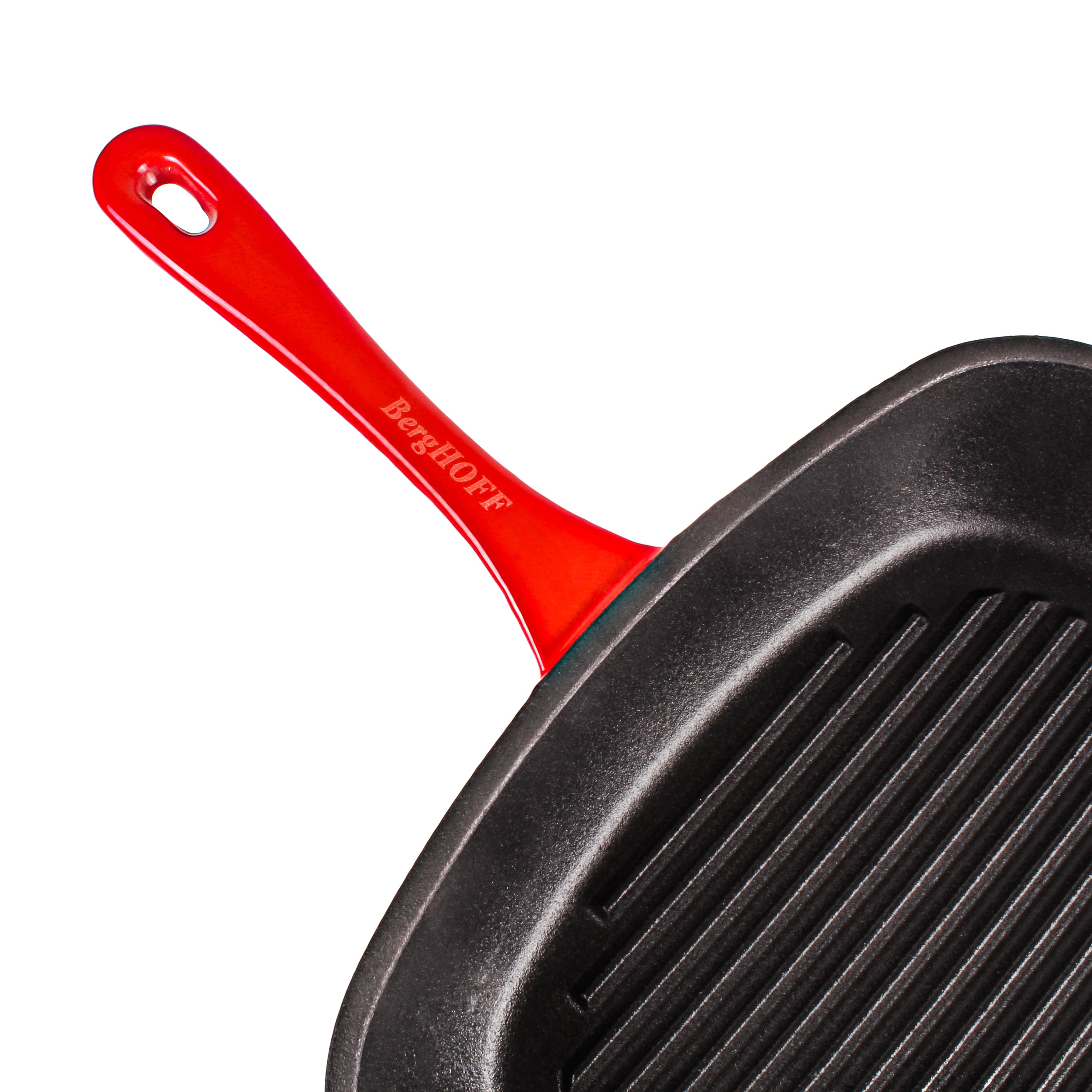 BergHOFF Neo 2-Piece Cast Iron Grill Pan Set with Steak Press - 11 Inch Non-Stick Griddle Pan for Stovetop & Oven Use, Red - Perfect for Grilling Steaks, Burgers & Vegetables Indoor/Outdoor
