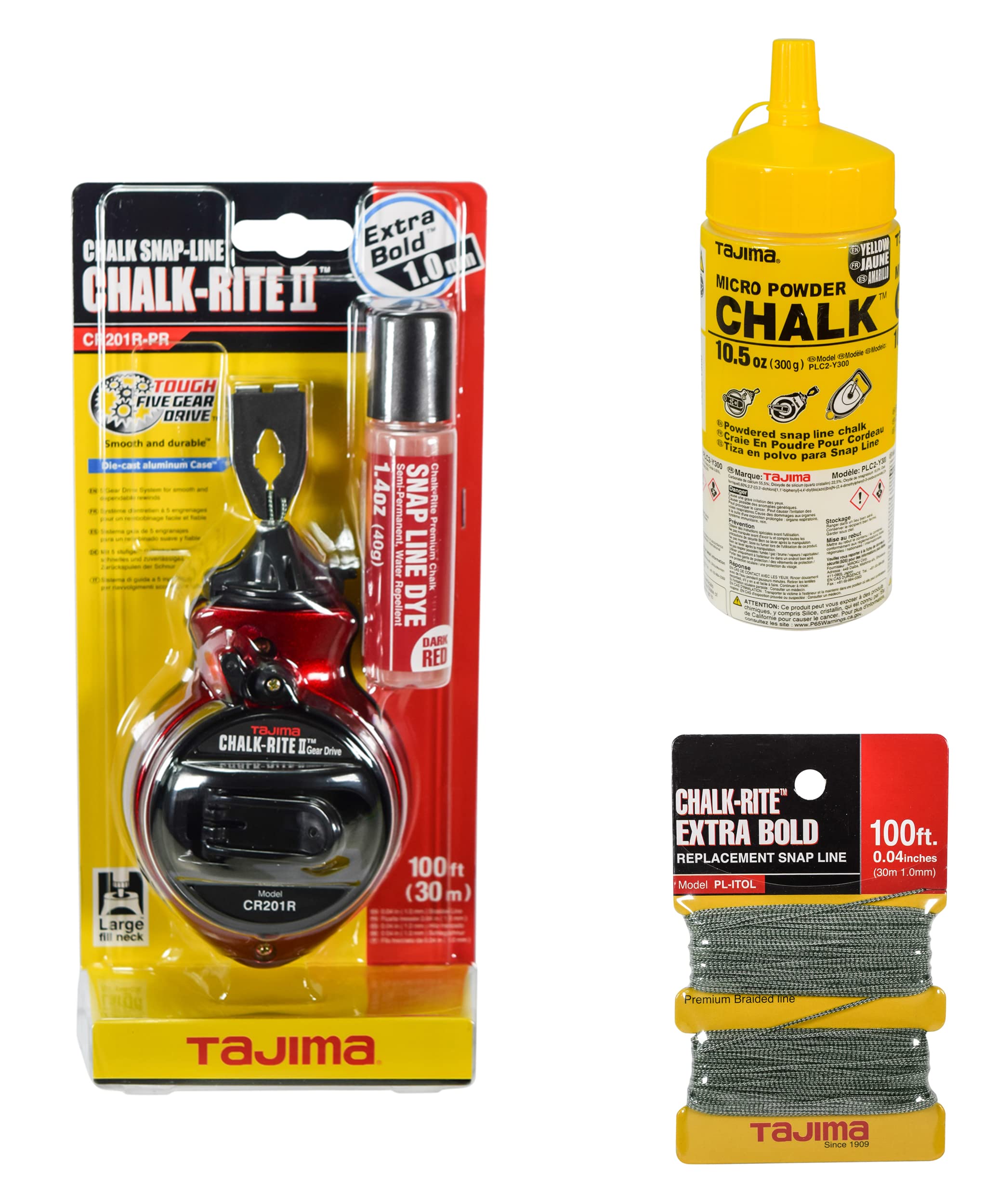 Tajima Chalk-Rite II Extra Bold 1mm Snap Line with Braided Replacement Line & 10.5oz Ultra-Fine Yellow Chalk - Professional Construction Chalk Line for Carpentry, Masonry, and DIY Projects