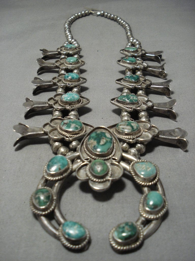 Authentic Vintage Navajo Sterling Silver Squash Blossom Necklace with Royston Turquoise - 190g Native American Jewelry for Women - Perfect for Boho Fashion, Weddings & Special Occasions