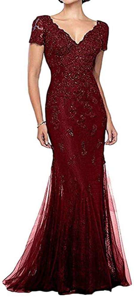 Elegant V-Neck Lace Mermaid Mother of The Bride Dress with Cap Sleeves - Formal Wedding Guest Gown for Women - Perfect for Weddings, Receptions & Special Occasions