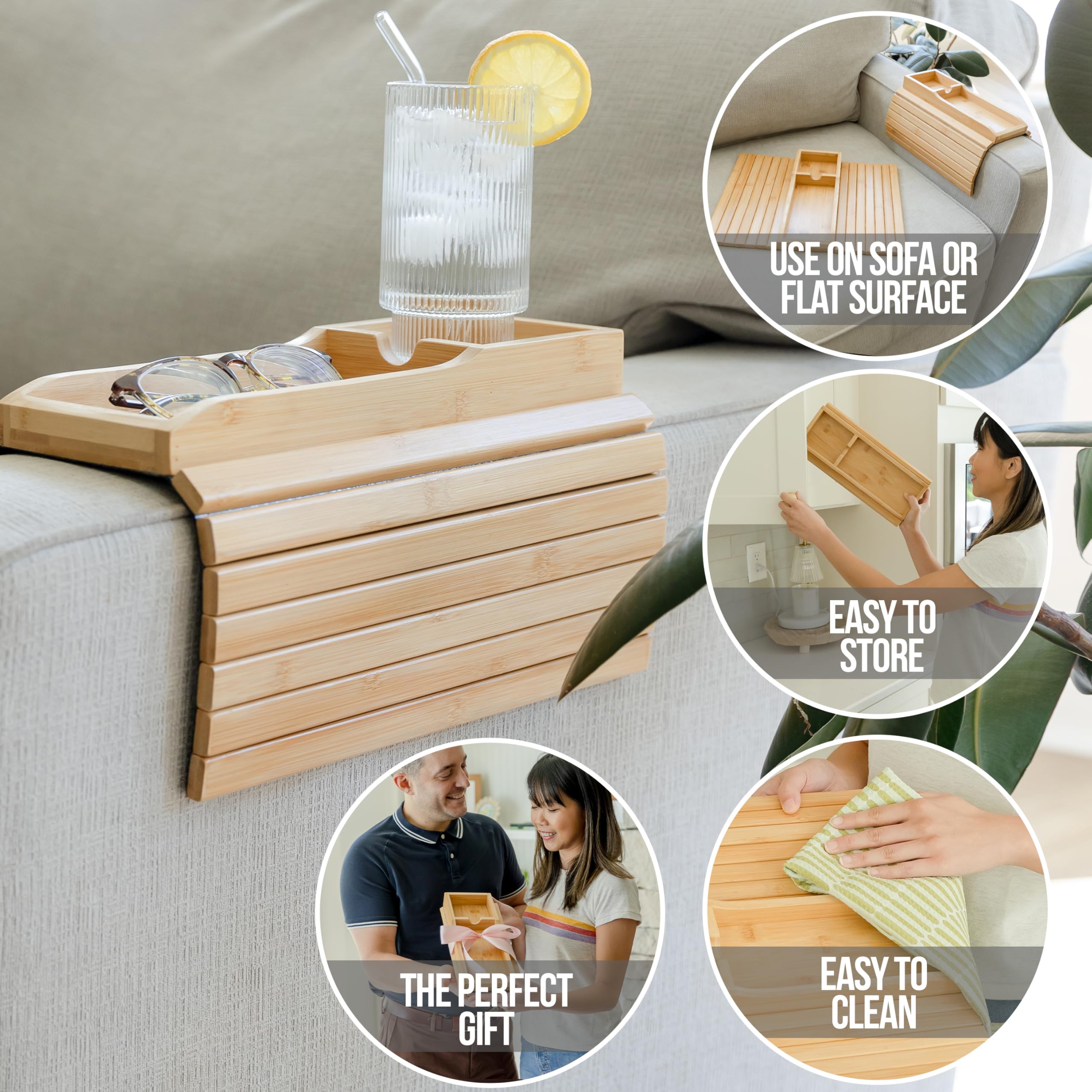 2-Pack Anti-Slip Bamboo Couch Cup Holder Tray - Foldable Sofa Arm Organizer for Drinks, Snacks, Remote & Phone - Easy Clean Couch Caddy for Movie Nights, Gaming & Relaxing in Living Room