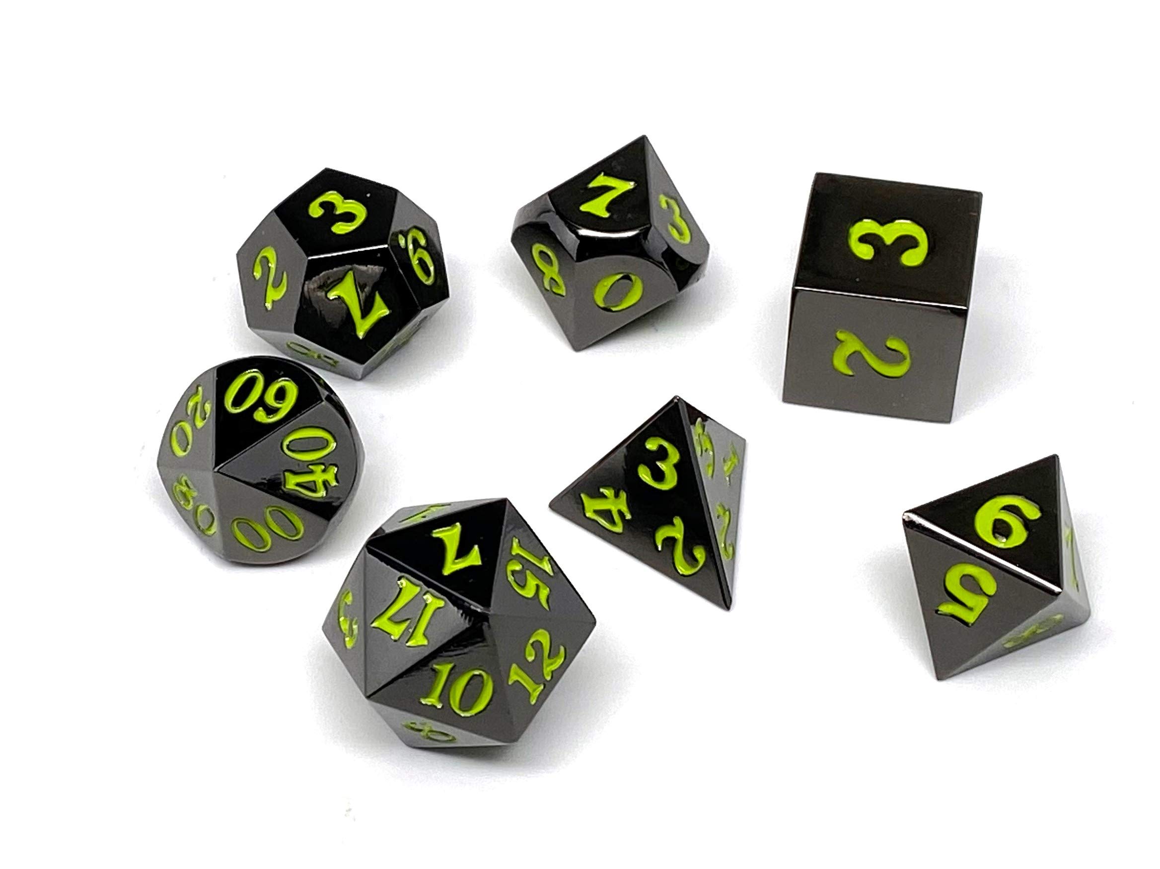 Premium Gun Metal Dice Set (7-Piece) - Lime Green for D&D, RPG, and Tabletop Gaming - Perfect for Dungeons & Dragons, Pathfinder, and Board Game Enthusiasts