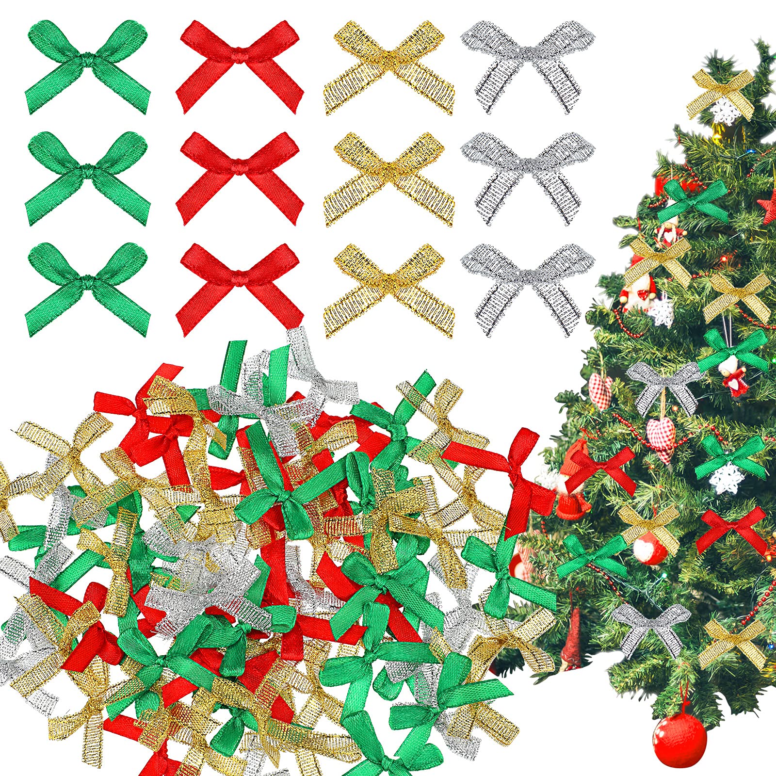 Christmas Mini Satin Bows - 200pcs for DIY Crafts & Wreaths (Red/Green/Silver) - Perfect for Holiday Decorations