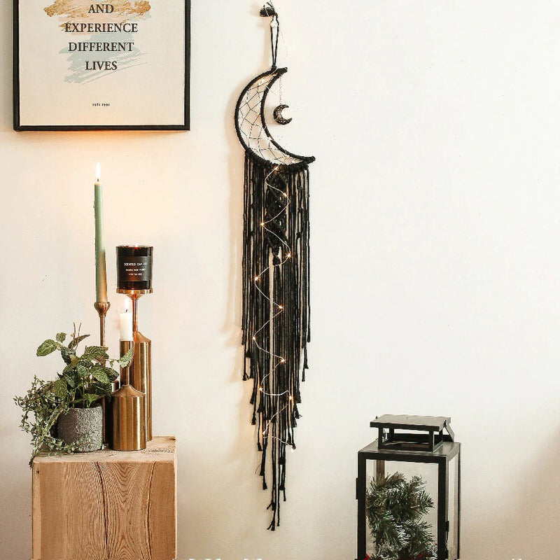 Handmade Boho Moon Macrame Dreamcatcher Wall Hanging - Natural Cotton Woven Decoration for Bedroom, Nursery & Boho Home Decor