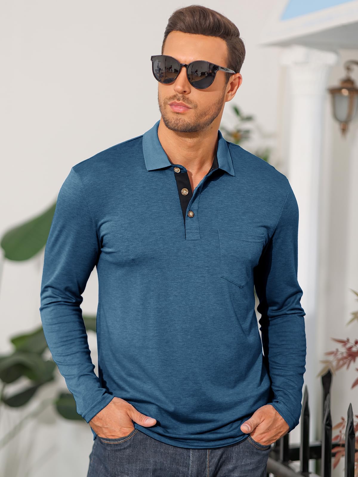 PICKLION Men's Long Sleeve Polo Shirts - Breathable Moisture Wicking Golf Shirt with Pocket for Casual Wear & Outdoor Activities | Perfect for Golf, Office & Daily Use