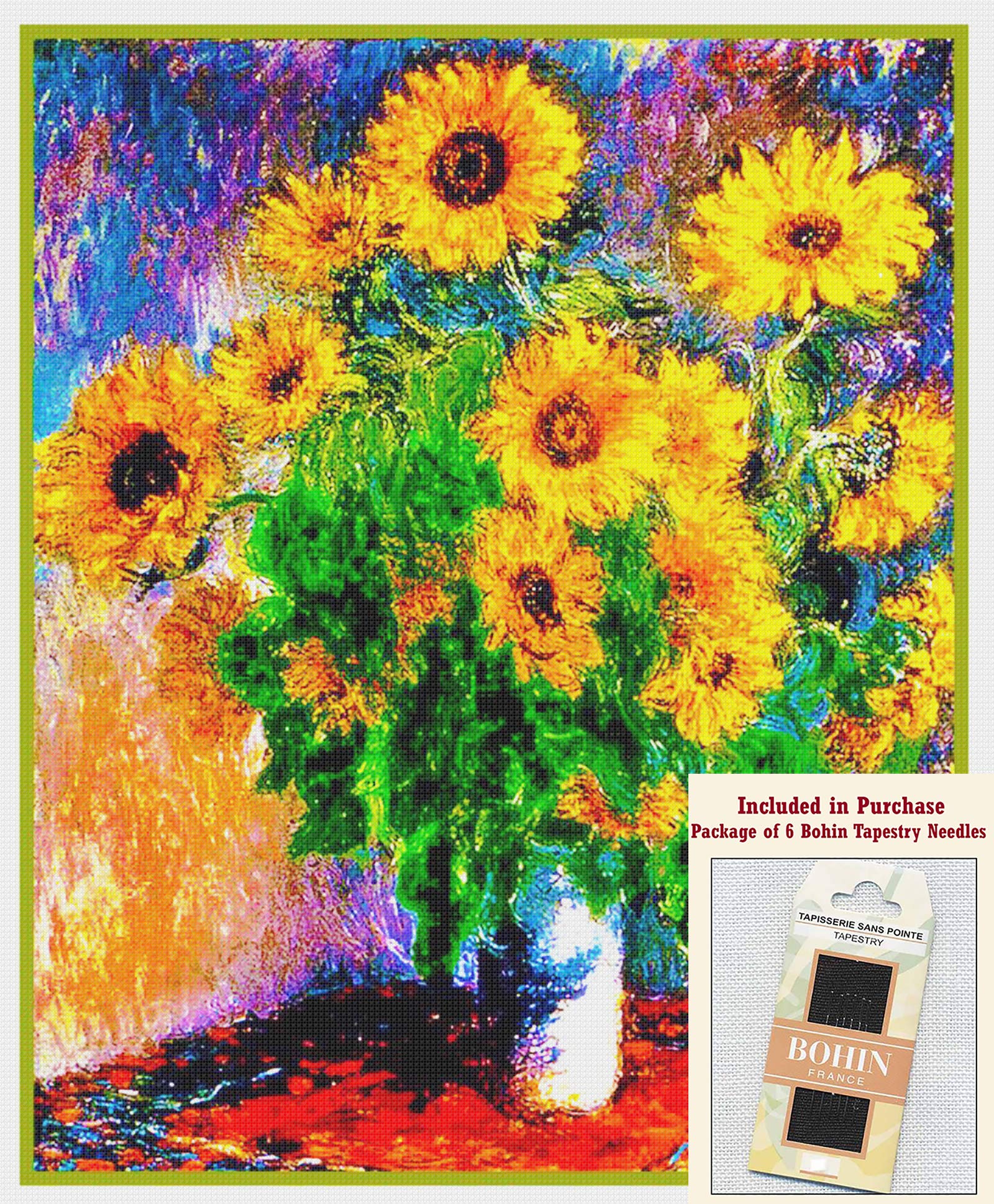 Claude Monet Sunflowers in Vase Counted Cross Stitch Kit with Needles & Thread - DIY Embroidery Art for Home Decor & Gift Giving