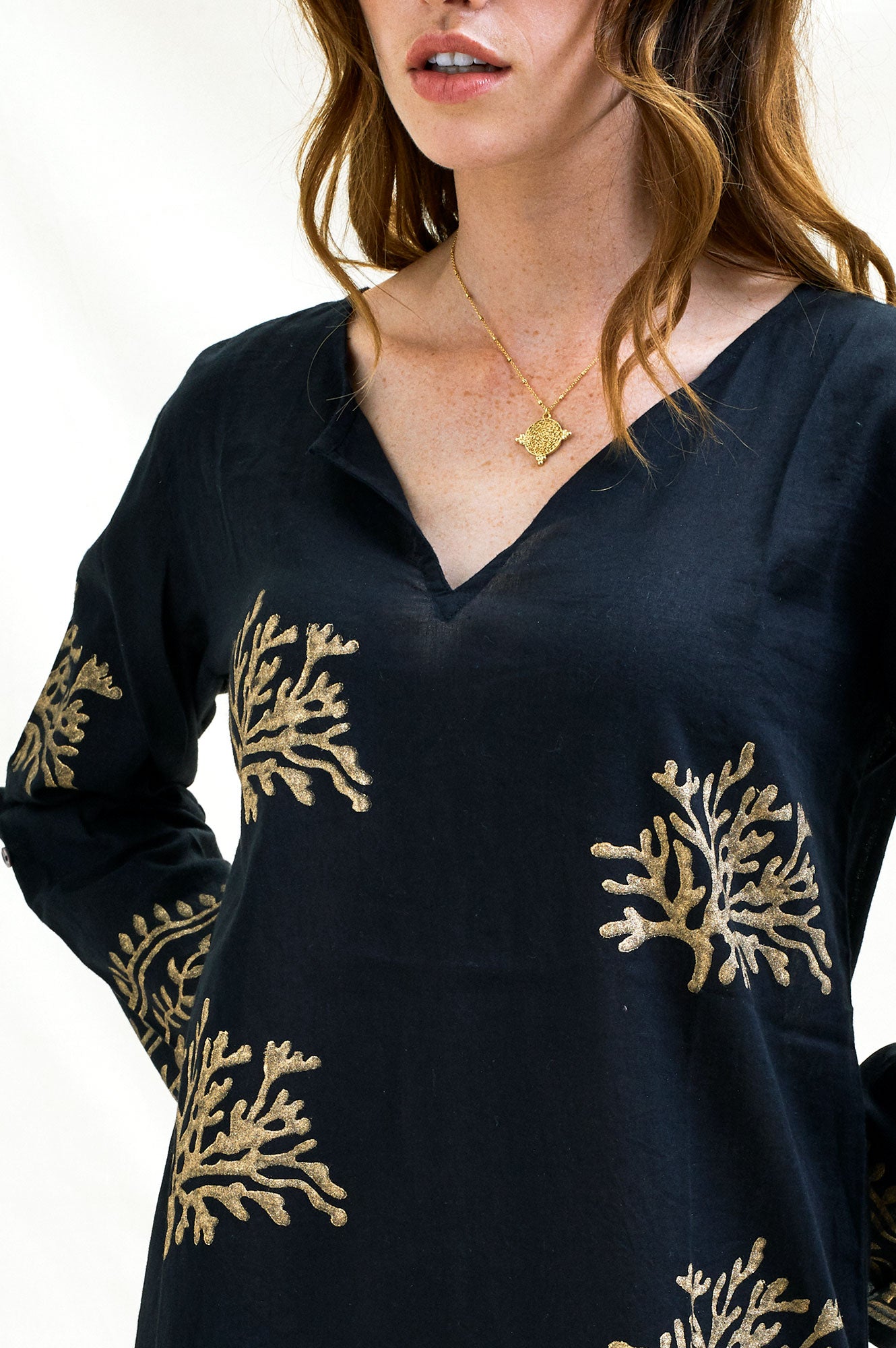 Guadalupe Short Tunic for Women - Elegant Black & Gold Floral Print Top | Perfect for Casual Wear, Summer Outfits, and Beach Vacations