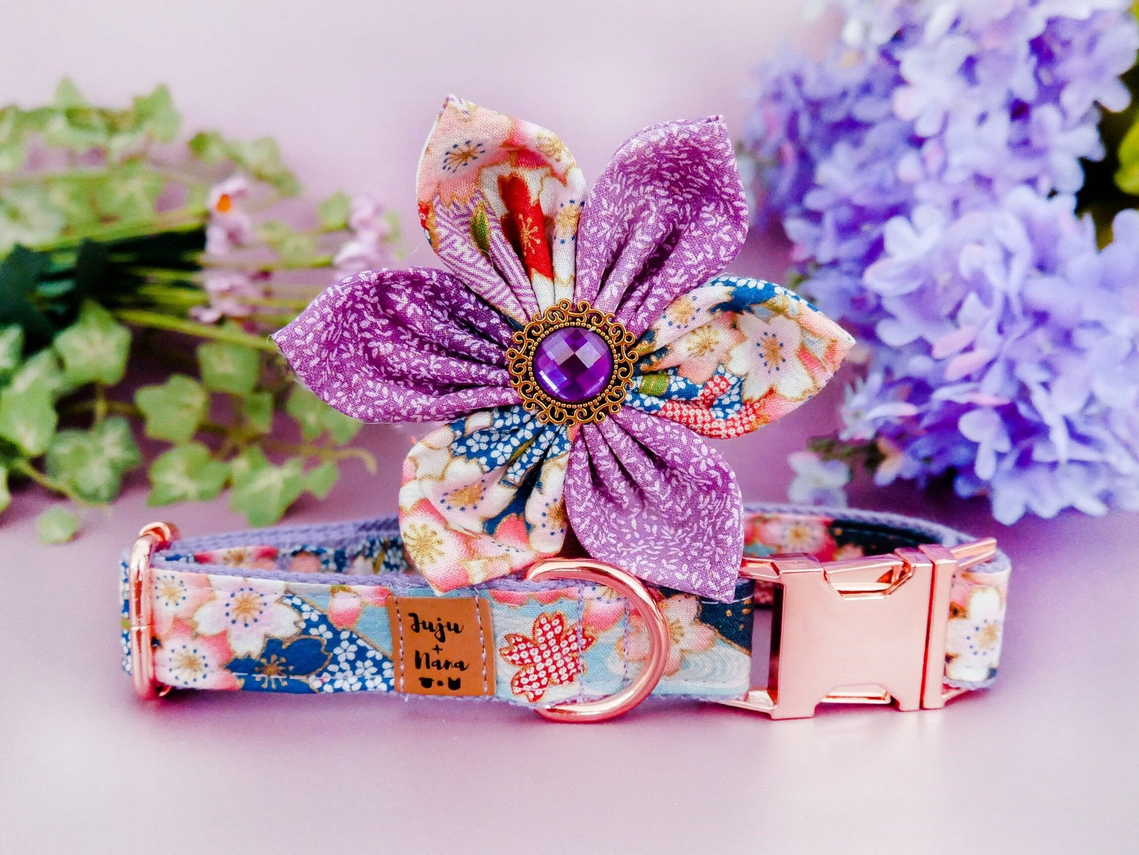 Japanese Kimono Dog Collar with Purple Sakura Flower - Stylish Pet Accessory for Small & Medium Dogs - Perfect for Special Occasions & Photo Shoots