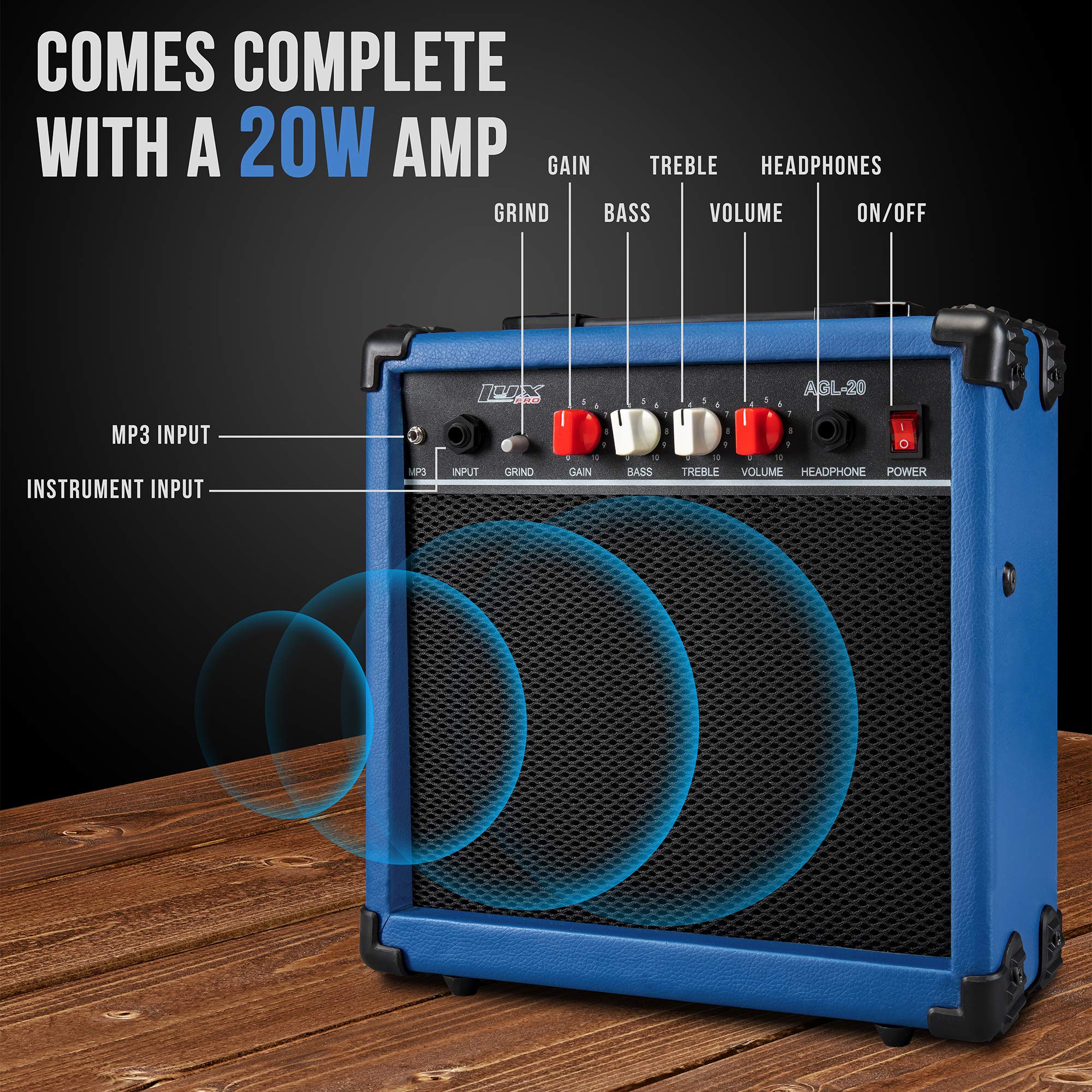 LyxPro 39 Inch Full Size Electric Guitar Starter Kit with 20W Amplifier, Digital Clip-On Tuner, Tremolo Bar, Shoulder Strap & Case Bag - Blue | Perfect for Beginners, Practice, Live Performances & Home Recording