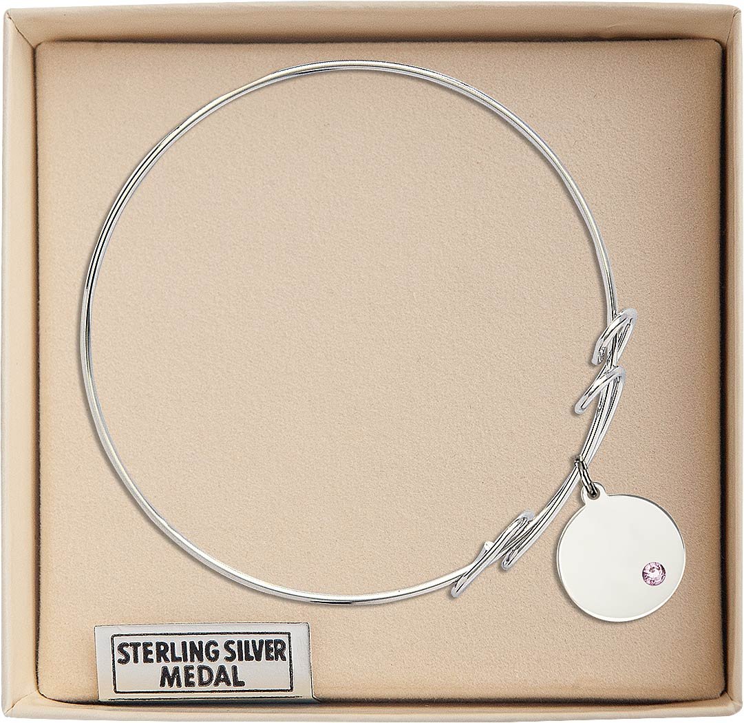 8 Inch Round Double Loop Bangle Bracelet with Plain Disc Charm & Light Purple Crystal - Elegant Jewelry for Women, Perfect for Parties, Weddings & Everyday Wear