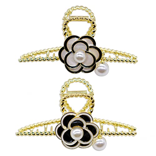 YIZHENMY Gold Metal Flower Claw Hair Clips for Women - Large Non-Slip Pearl Hair Clips for Thick Hair, Elegant Hair Accessories for Women & Girls - Perfect for Weddings, Parties & Everyday Styling