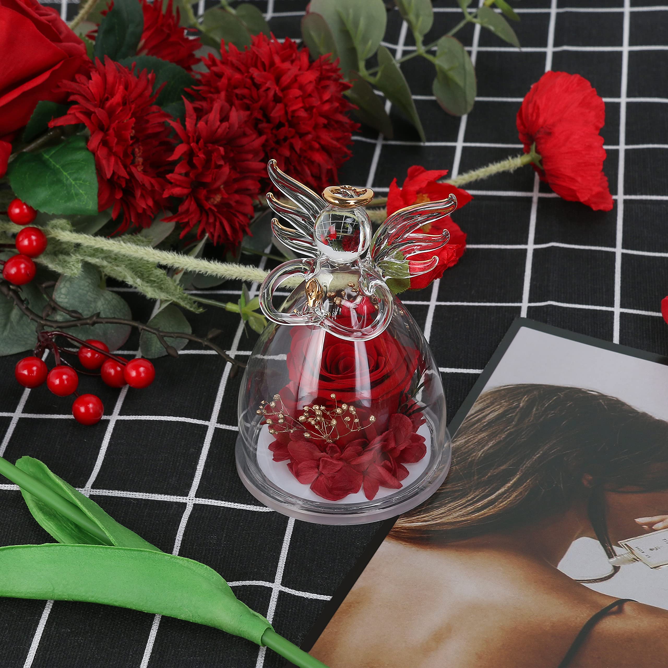 Preserved Red Rose in Glass Angel Figurine - Mother's Day Gift for Mom, Birthday Present for Women, Thoughtful Gift from Daughter, Angelic Keepsake for Grandma, Wife & Sister - Perfect for Home Decor, Wedding Souvenirs & Special Occasions