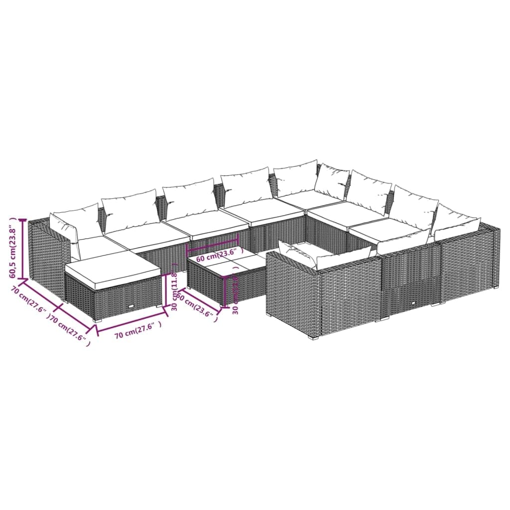 12-Piece Patio Lounge Set with Cushions - Weather-Resistant Brown Poly Rattan & Sturdy Steel Frame - Modular Outdoor Furniture for Garden, Backyard, Poolside & Patio Relaxation
