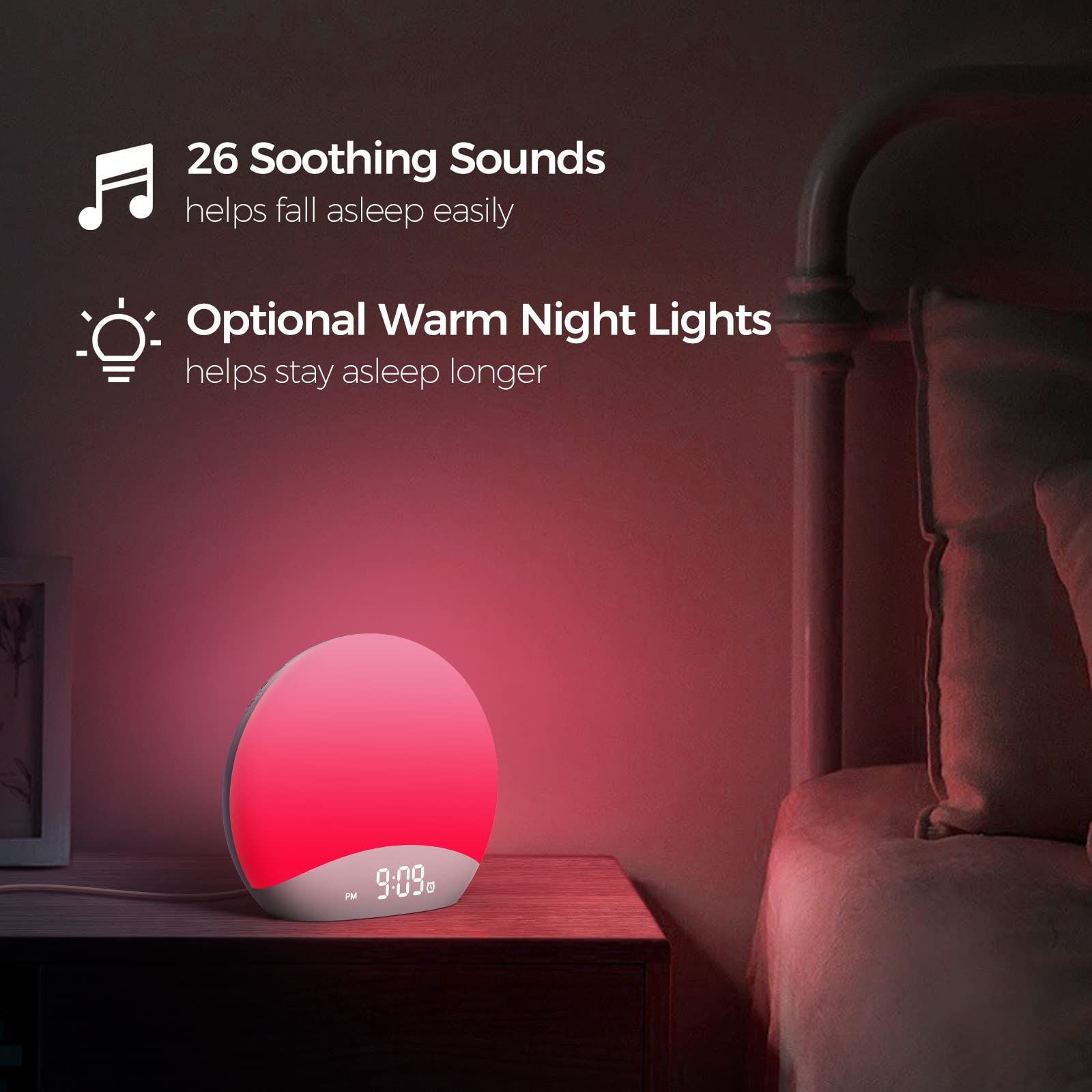 REACHER Sunrise Alarm Clock with Sound Machine & Night Light - 26 Nature Sounds, Dimmable Display, Wake-Up Light for Adults, Kids & Babies (Brown/Pink/White Noise) - Perfect for Bedrooms, Nurseries & Home Offices