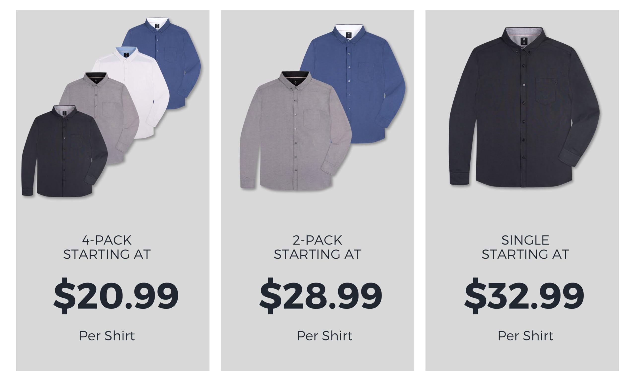 Visive Men's Long Sleeve Button Down Dress Shirts - Solid Color Big & Tall Multi-Pack | Perfect for Office Wear, Business Casual & Formal Occasions
