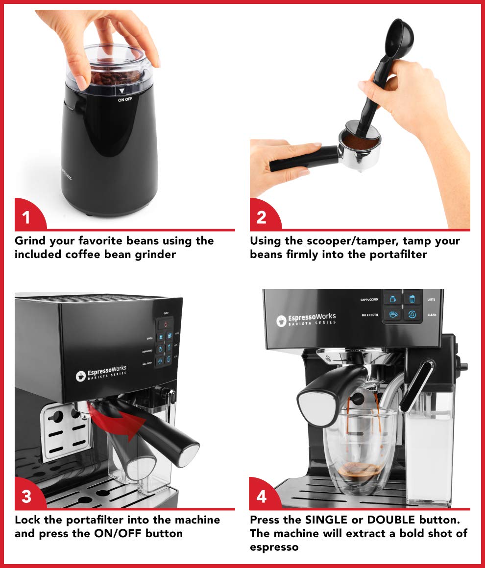 EspressoWorks 19-Bar Professional Espresso Machine with Milk Frother - 10-Piece All-in-One Coffee Maker Set for Latte, Cappuccino & Espresso (1250W, Black) - Perfect for Home Baristas, Office Coffee Breaks & Gift Giving