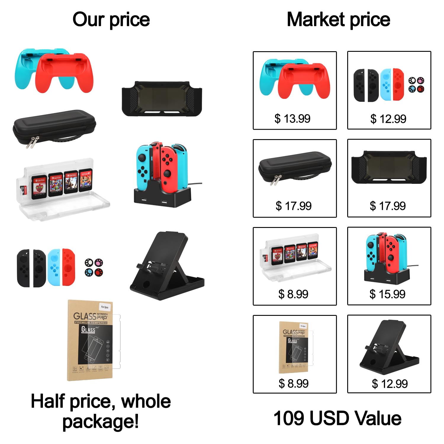 Nintendo Switch Accessories Bundle - 16-in-1 Kit with Carrying Case, Screen Protector, Charging Dock, Playstand & More | Perfect for Travel, Gaming Parties & Home Entertainment