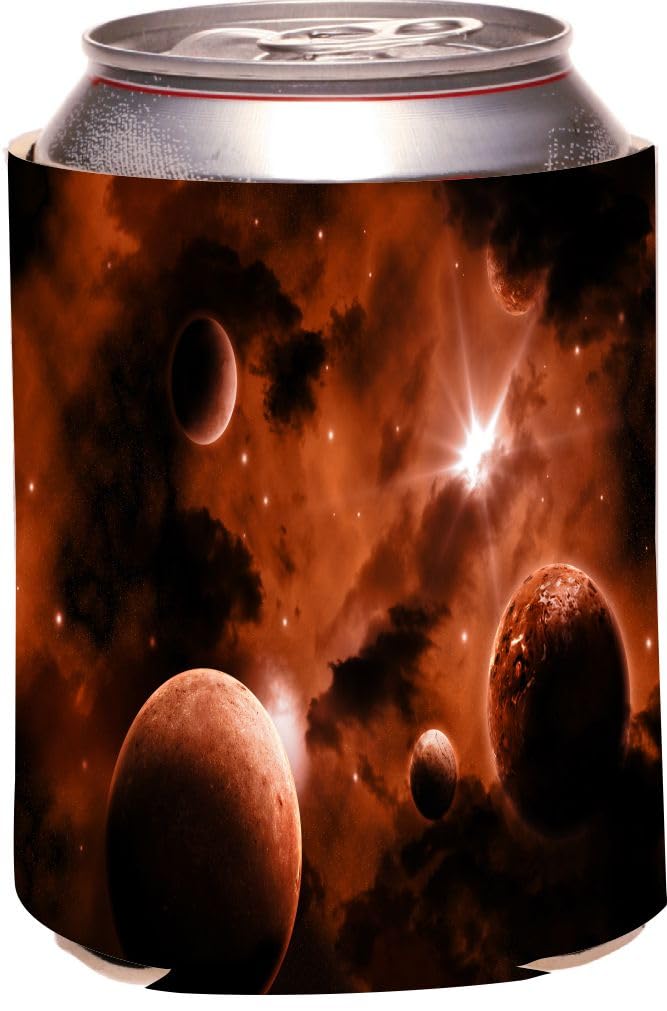 Planets in Outer Space Orange Glow Can Cooler - Insulated Beverage Holder for Beer & Soda Cans - Perfect for Camping, BBQs & Outdoor Parties