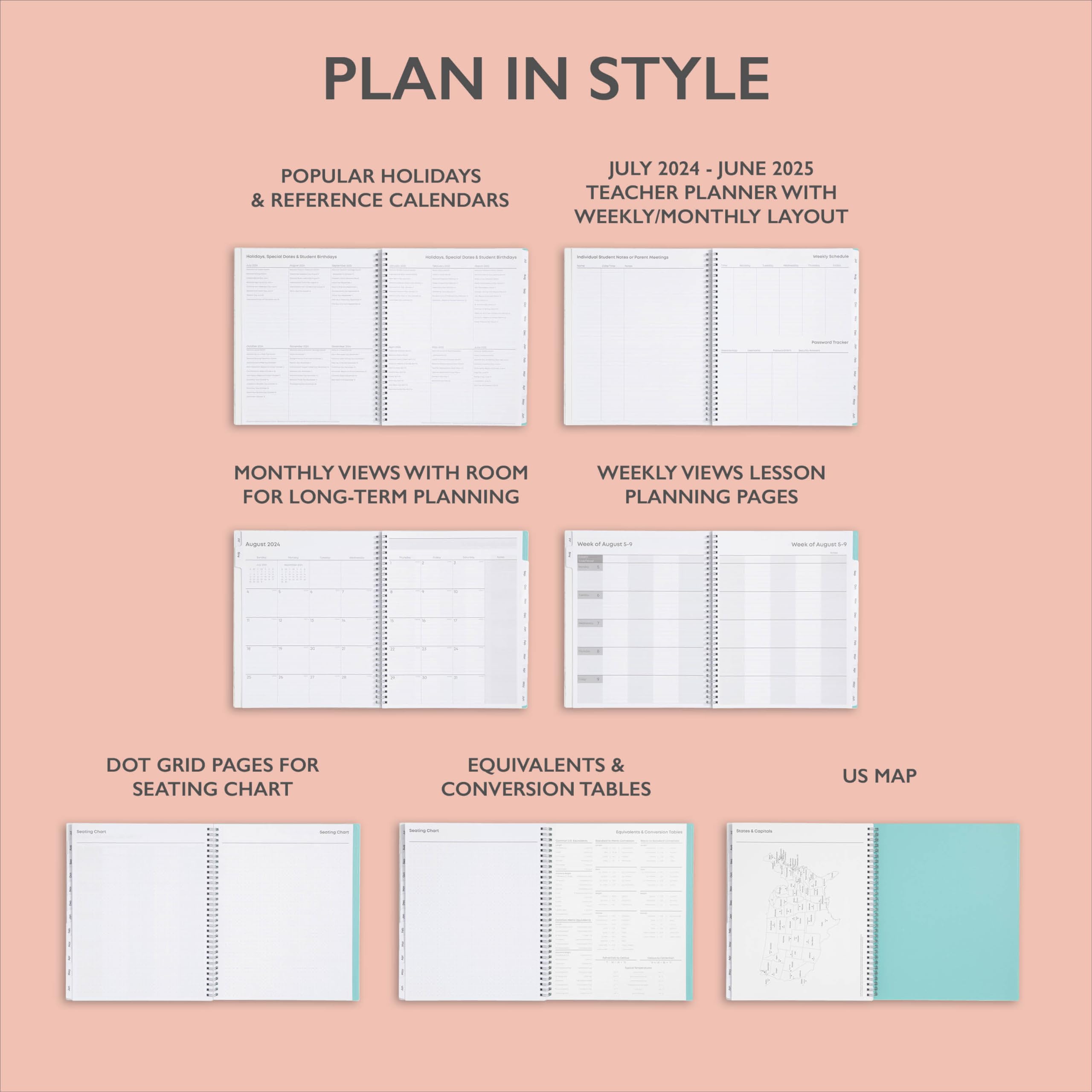 Blue Sky 2024-2025 Academic Year Teacher Planner - Weekly & Monthly Lesson Organizer, 8.5 x 11 Inch Wirebound Calendar with Flexible Cover (Kalinda 150647) - Perfect for Classroom Planning, Homeschooling & Teacher Gifts