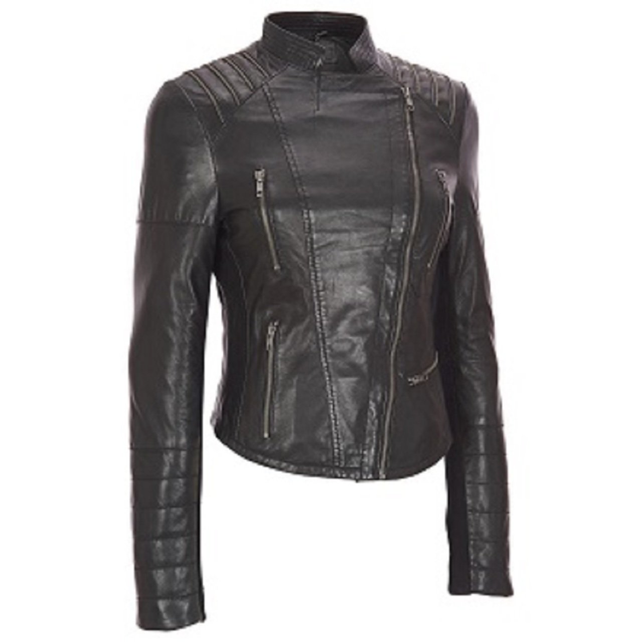 Bestzo Women's Genuine Leather Motorcycle Jacket with Stand-Up Collar - Black | Stylish Biker Jacket for Riding, Night Out & Casual Wear