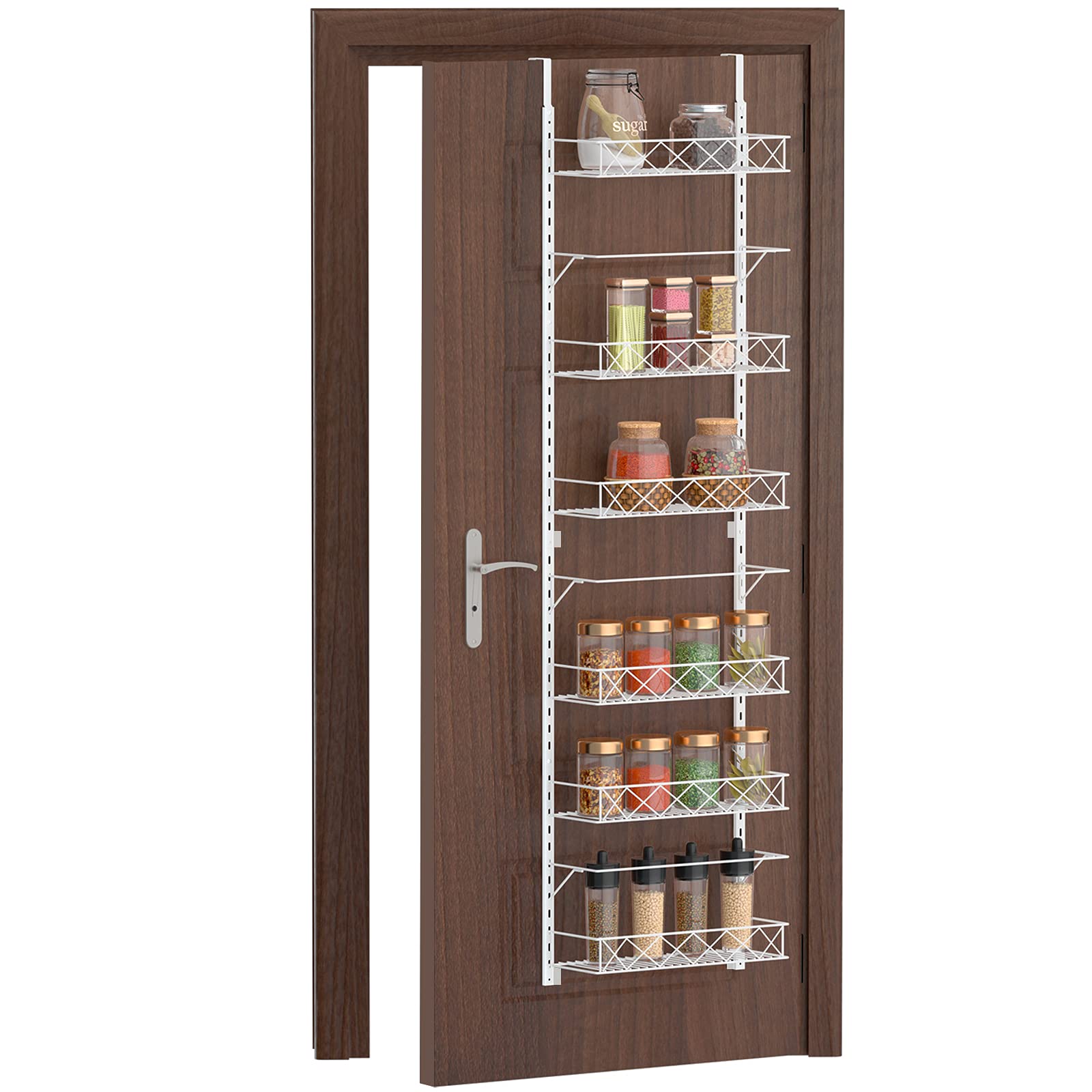 Auledio Over The Door Pantry Organizer - Adjustable 6-Tier Hanging Storage Rack for Spices, Kitchen Supplies & Closet Organization - Space Saving White Shelf for Home & Office Use