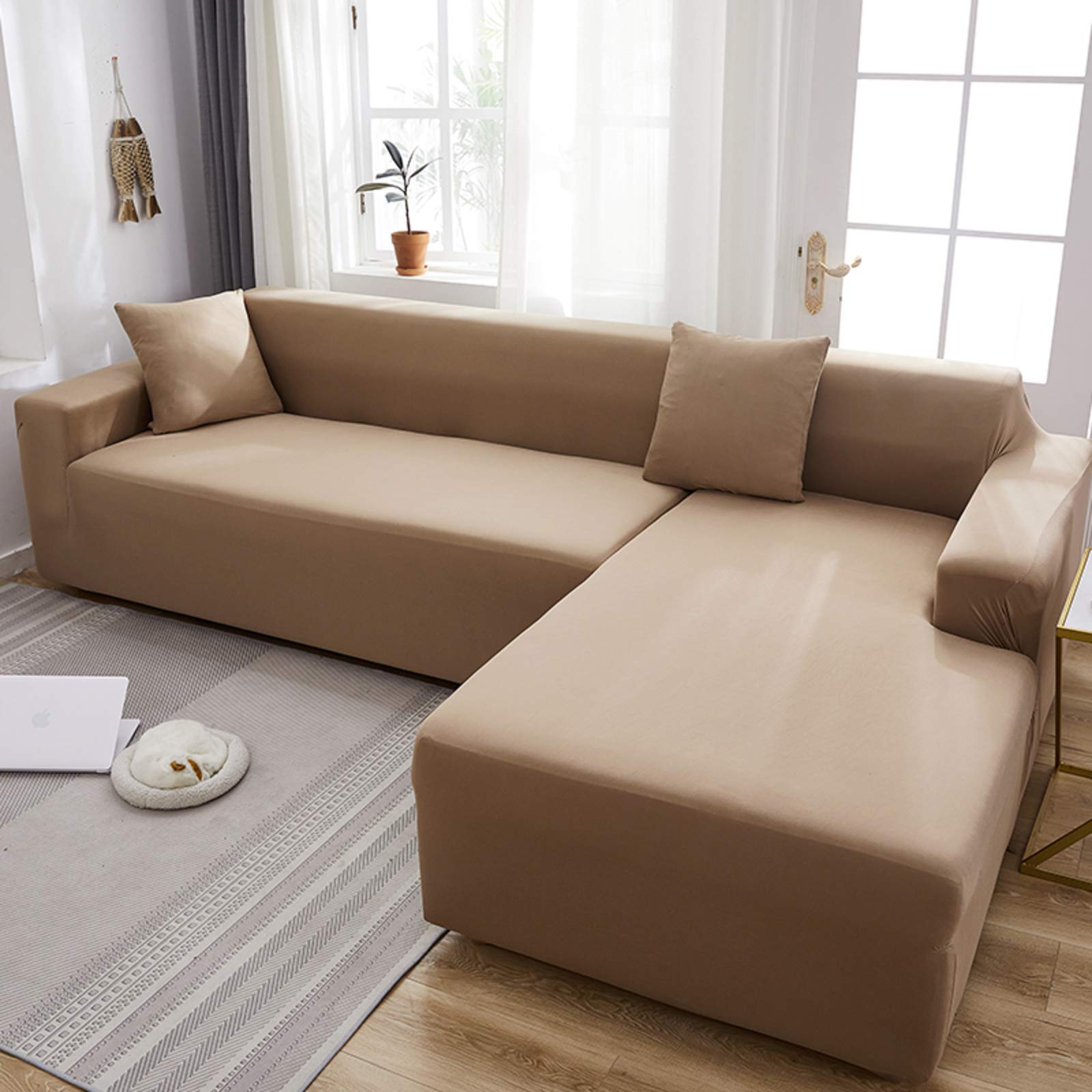 Stain-Resistant Solid Color Sofa Slipcover with Elastic Bottom - Fashionable Couch Protector for Sectional Sofa (4 Seater XL, 90