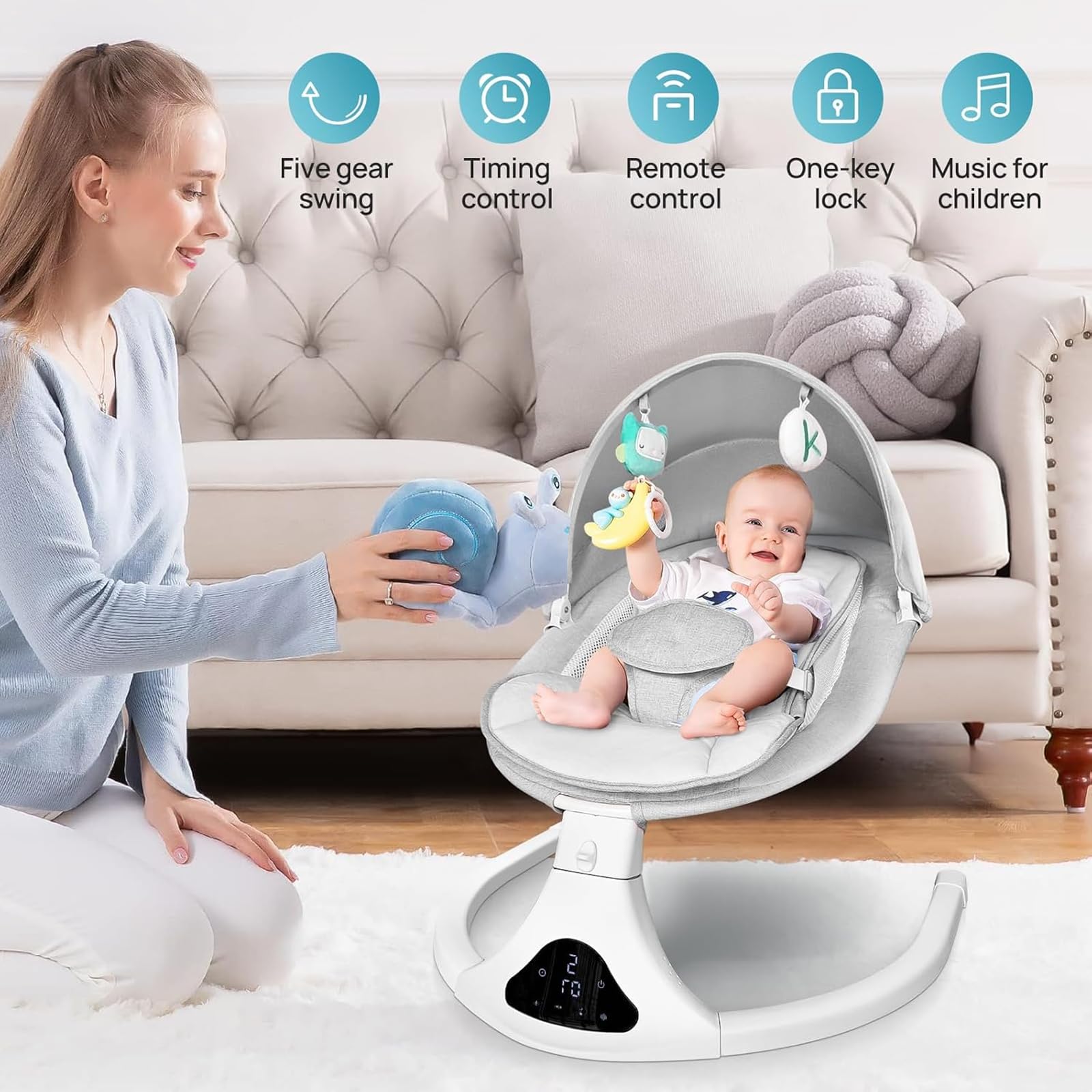 Electric Baby Swing for Infants to Toddlers | Portable Rocker with Remote Control, 5 Speed Settings, 3-Point Safety Harness & 3 Reclining Positions - Light Grey | Perfect for Nursery, Daycare & Travel Use