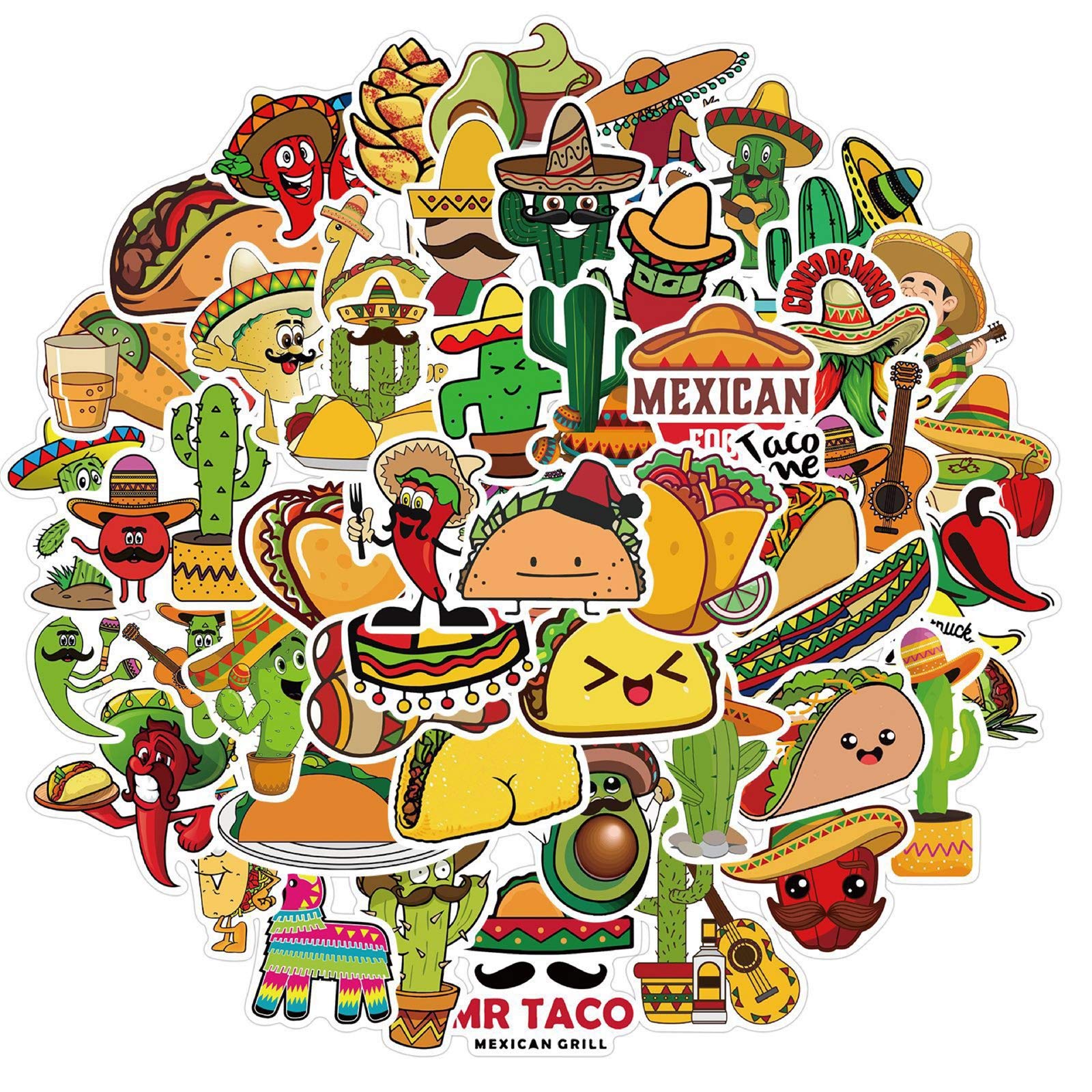 50pcs Mexican Food Stickers - Waterproof Vinyl Taco Stickers for Boys & Teens - Perfect for Laptops, Water Bottles & School Supplies