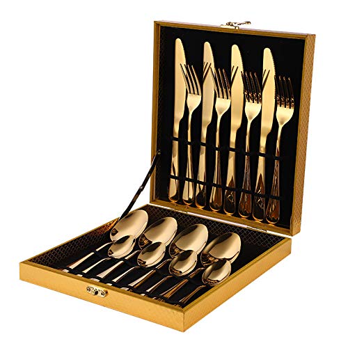 16-Piece Gold Silverware Flatware Set - Stainless Steel Cutlery Dinnerware with Knives, Forks & Spoons - Elegant Western Kitchen & Dining Tableware for Home, Restaurant & Special Occasions
