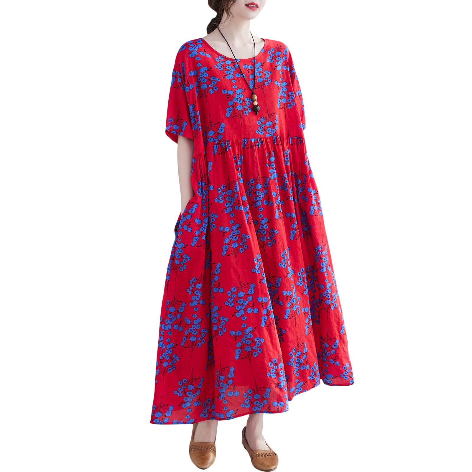 Versear Floral Boho Dress - Vintage Loose Midi Dress with Short Sleeves & Pockets | Plus Size Summer Dress for Beach, Vacation & Casual Outings
