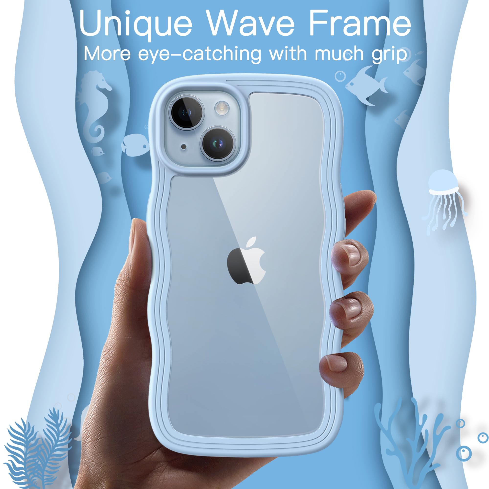 JETech iPhone 14 Plus Case 6.7 Inch - Cute Wave Frame Shockproof Clear Hard PC Phone Cover for Women & Girls (Blue) | Perfect for Everyday Protection & Stylish Outfits